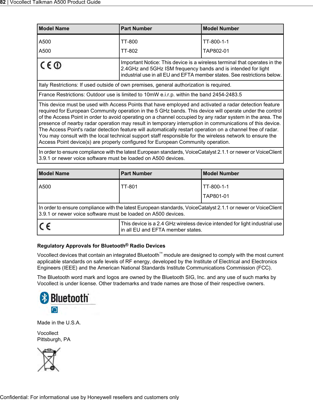 Model NumberPart NumberModel NameTT-800-1-1TT-800A500TAP802-01TT-802A500Important Notice: This device is a wireless terminal that operates in the2.4GHz and 5GHz ISM frequency bands and is intended for lightindustrial use in all EU and EFTA member states. See restrictions below.Italy Restrictions: If used outside of own premises, general authorization is required.France Restrictions: Outdoor use is limited to 10mW e.i.r.p. within the band 2454-2483.5This device must be used with Access Points that have employed and activated a radar detection featurerequired for European Community operation in the 5 GHz bands. This device will operate under the controlof the Access Point in order to avoid operating on a channel occupied by any radar system in the area. Thepresence of nearby radar operation may result in temporary interruption in communications of this device.The Access Point&apos;s radar detection feature will automatically restart operation on a channel free of radar.You may consult with the local technical support staff responsible for the wireless network to ensure theAccess Point device(s) are properly configured for European Community operation.In order to ensure compliance with the latest European standards, VoiceCatalyst 2.1.1 or newer or VoiceClient3.9.1 or newer voice software must be loaded on A500 devices.Model NumberPart NumberModel NameTT-800-1-1TT-801A500TAP801-01In order to ensure compliance with the latest European standards, VoiceCatalyst 2.1.1 or newer or VoiceClient3.9.1 or newer voice software must be loaded on A500 devices.This device is a 2.4 GHz wireless device intended for light industrial usein all EU and EFTA member states.Regulatory Approvals for Bluetooth®Radio DevicesVocollect devices that contain an integrated Bluetooth™module are designed to comply with the most currentapplicable standards on safe levels of RF energy, developed by the Institute of Electrical and ElectronicsEngineers (IEEE) and the American National Standards Institute Communications Commission (FCC).The Bluetooth word mark and logos are owned by the Bluetooth SIG, Inc. and any use of such marks byVocollect is under license. Other trademarks and trade names are those of their respective owners.Made in the U.S.A.VocollectPittsburgh, PAConfidential: For informational use by Honeywell resellers and customers only82 | Vocollect Talkman A500 Product Guide