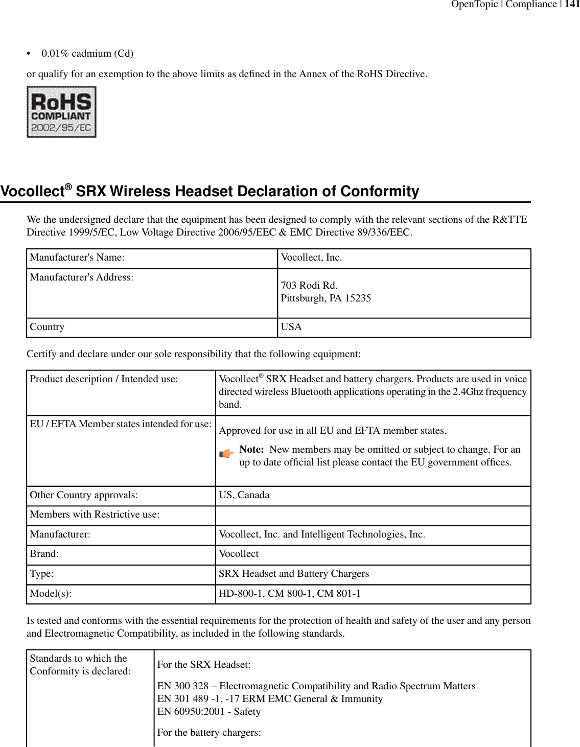 • 0.01% cadmium (Cd)or qualify for an exemption to the above limits as deﬁned in the Annex of the RoHS Directive.Vocollect® SRX Wireless Headset Declaration of ConformityWe the undersigned declare that the equipment has been designed to comply with the relevant sections of the R&amp;TTEDirective 1999/5/EC, Low Voltage Directive 2006/95/EEC &amp; EMC Directive 89/336/EEC.Vocollect, Inc.Manufacturer&apos;s Name:703 Rodi Rd.Pittsburgh, PA 15235Manufacturer&apos;s Address:USACountryCertify and declare under our sole responsibility that the following equipment:Vocollect® SRX Headset and battery chargers. Products are used in voicedirected wireless Bluetooth applications operating in the 2.4Ghz frequencyband.Product description / Intended use:Approved for use in all EU and EFTA member states.EU / EFTA Member states intended for use:Note:  New members may be omitted or subject to change. For anup to date ofﬁcial list please contact the EU government ofﬁces.US, CanadaOther Country approvals:Members with Restrictive use:Vocollect, Inc. and Intelligent Technologies, Inc.Manufacturer:VocollectBrand:SRX Headset and Battery ChargersType:HD-800-1, CM 800-1, CM 801-1Model(s):Is tested and conforms with the essential requirements for the protection of health and safety of the user and any personand Electromagnetic Compatibility, as included in the following standards.For the SRX Headset:Standards to which theConformity is declared:EN 300 328 – Electromagnetic Compatibility and Radio Spectrum MattersEN 301 489 -1, -17 ERM EMC General &amp; ImmunityEN 60950:2001 - SafetyFor the battery chargers:OpenTopic | Compliance | 141