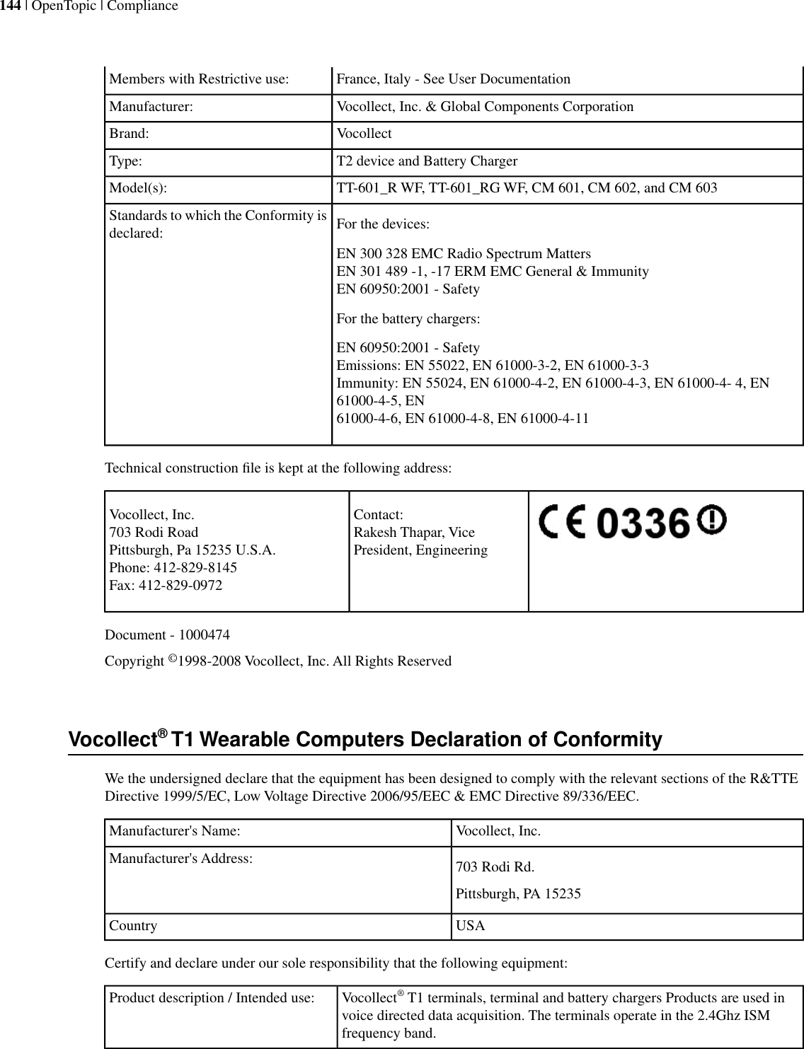 France, Italy - See User DocumentationMembers with Restrictive use:Vocollect, Inc. &amp; Global Components CorporationManufacturer:VocollectBrand:T2 device and Battery ChargerType:TT-601_R WF, TT-601_RG WF, CM 601, CM 602, and CM 603Model(s):For the devices:Standards to which the Conformity isdeclared:EN 300 328 EMC Radio Spectrum MattersEN 301 489 -1, -17 ERM EMC General &amp; ImmunityEN 60950:2001 - SafetyFor the battery chargers:EN 60950:2001 - SafetyEmissions: EN 55022, EN 61000-3-2, EN 61000-3-3Immunity: EN 55024, EN 61000-4-2, EN 61000-4-3, EN 61000-4- 4, EN61000-4-5, EN61000-4-6, EN 61000-4-8, EN 61000-4-11Technical construction ﬁle is kept at the following address:Contact:Rakesh Thapar, VicePresident, EngineeringVocollect, Inc.703 Rodi RoadPittsburgh, Pa 15235 U.S.A.Phone: 412-829-8145Fax: 412-829-0972Document - 1000474Copyright ©1998-2008 Vocollect, Inc. All Rights ReservedVocollect®T1 Wearable Computers Declaration of ConformityWe the undersigned declare that the equipment has been designed to comply with the relevant sections of the R&amp;TTEDirective 1999/5/EC, Low Voltage Directive 2006/95/EEC &amp; EMC Directive 89/336/EEC.Vocollect, Inc.Manufacturer&apos;s Name:703 Rodi Rd.Manufacturer&apos;s Address:Pittsburgh, PA 15235USACountryCertify and declare under our sole responsibility that the following equipment:Vocollect®T1 terminals, terminal and battery chargers Products are used invoice directed data acquisition. The terminals operate in the 2.4Ghz ISMfrequency band.Product description / Intended use:144 | OpenTopic | Compliance