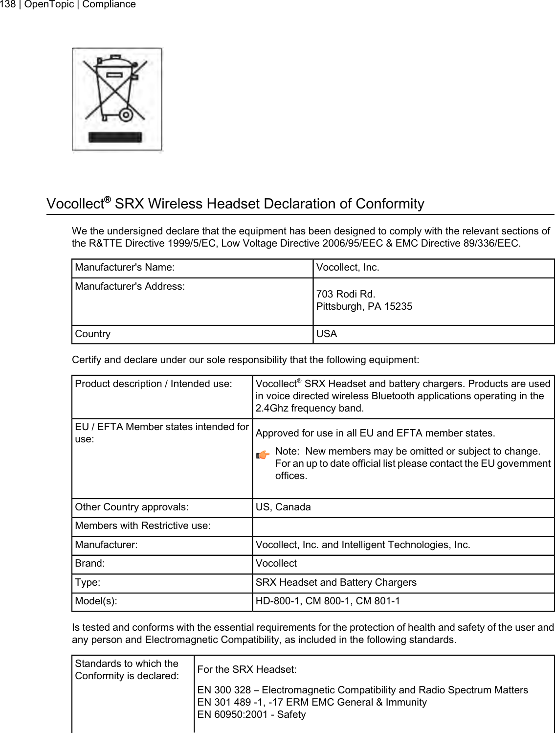 Vocollect®SRX Wireless Headset Declaration of ConformityWe the undersigned declare that the equipment has been designed to comply with the relevant sections ofthe R&amp;TTE Directive 1999/5/EC, Low Voltage Directive 2006/95/EEC &amp; EMC Directive 89/336/EEC.Vocollect, Inc.Manufacturer&apos;s Name:703 Rodi Rd.Pittsburgh, PA 15235Manufacturer&apos;s Address:USACountryCertify and declare under our sole responsibility that the following equipment:Vocollect®SRX Headset and battery chargers. Products are usedin voice directed wireless Bluetooth applications operating in the2.4Ghz frequency band.Product description / Intended use:Approved for use in all EU and EFTA member states.EU / EFTA Member states intended foruse:Note: New members may be omitted or subject to change.For an up to date official list please contact the EU governmentoffices.US, CanadaOther Country approvals:Members with Restrictive use:Vocollect, Inc. and Intelligent Technologies, Inc.Manufacturer:VocollectBrand:SRX Headset and Battery ChargersType:HD-800-1, CM 800-1, CM 801-1Model(s):Is tested and conforms with the essential requirements for the protection of health and safety of the user andany person and Electromagnetic Compatibility, as included in the following standards.For the SRX Headset:Standards to which theConformity is declared:EN 300 328 – Electromagnetic Compatibility and Radio Spectrum MattersEN 301 489 -1, -17 ERM EMC General &amp; ImmunityEN 60950:2001 - Safety138 | OpenTopic | Compliance