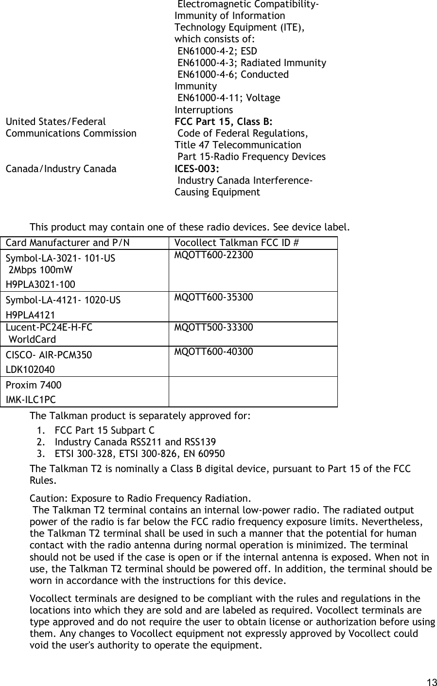  13  Electromagnetic Compatibility-Immunity of Information Technology Equipment (ITE), which consists of:  EN61000-4-2; ESD  EN61000-4-3; Radiated Immunity  EN61000-4-6; Conducted Immunity  EN61000-4-11; Voltage Interruptions United States/Federal Communications Commission FCC Part 15, Class B:  Code of Federal Regulations, Title 47 Telecommunication  Part 15-Radio Frequency Devices Canada/Industry Canada ICES-003:  Industry Canada Interference-Causing Equipment   This product may contain one of these radio devices. See device label. Card Manufacturer and P/N Vocollect Talkman FCC ID # Symbol-LA-3021- 101-US  2Mbps 100mW H9PLA3021-100 MQOTT600-22300 Symbol-LA-4121- 1020-US H9PLA4121 MQOTT600-35300 Lucent-PC24E-H-FC  WorldCard MQOTT500-33300 CISCO- AIR-PCM350 LDK102040 MQOTT600-40300 Proxim 7400 IMK-ILC1PC   The Talkman product is separately approved for: 1.  FCC Part 15 Subpart C 2.  Industry Canada RSS211 and RSS139 3.  ETSI 300-328, ETSI 300-826, EN 60950 The Talkman T2 is nominally a Class B digital device, pursuant to Part 15 of the FCC Rules. Caution: Exposure to Radio Frequency Radiation.  The Talkman T2 terminal contains an internal low-power radio. The radiated output power of the radio is far below the FCC radio frequency exposure limits. Nevertheless, the Talkman T2 terminal shall be used in such a manner that the potential for human contact with the radio antenna during normal operation is minimized. The terminal should not be used if the case is open or if the internal antenna is exposed. When not in use, the Talkman T2 terminal should be powered off. In addition, the terminal should be worn in accordance with the instructions for this device. Vocollect terminals are designed to be compliant with the rules and regulations in the locations into which they are sold and are labeled as required. Vocollect terminals are type approved and do not require the user to obtain license or authorization before using them. Any changes to Vocollect equipment not expressly approved by Vocollect could void the user&apos;s authority to operate the equipment. 