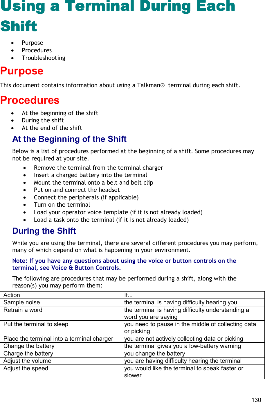  130 Using a Terminal During Each Using a Terminal During Each Using a Terminal During Each Using a Terminal During Each ShiftShiftShiftShift •  Purpose •  Procedures •  Troubleshooting Purpose This document contains information about using a Talkman®  terminal during each shift.  Procedures •  At the beginning of the shift •  During the shift •  At the end of the shift At the Beginning of the Shift Below is a list of procedures performed at the beginning of a shift. Some procedures may not be required at your site. •  Remove the terminal from the terminal charger •  Insert a charged battery into the terminal •  Mount the terminal onto a belt and belt clip •  Put on and connect the headset •  Connect the peripherals (if applicable) •  Turn on the terminal •  Load your operator voice template (if it is not already loaded) •  Load a task onto the terminal (if it is not already loaded) During the Shift While you are using the terminal, there are several different procedures you may perform, many of which depend on what is happening in your environment. Note: If you have any questions about using the voice or button controls on the terminal, see Voice &amp; Button Controls. The following are procedures that may be performed during a shift, along with the reason(s) you may perform them: Action If... Sample noise the terminal is having difficulty hearing you Retrain a word the terminal is having difficulty understanding a word you are saying Put the terminal to sleep you need to pause in the middle of collecting data or picking Place the terminal into a terminal charger you are not actively collecting data or picking Change the battery the terminal gives you a low-battery warning Charge the battery you change the battery Adjust the volume you are having difficulty hearing the terminal Adjust the speed you would like the terminal to speak faster or slower 