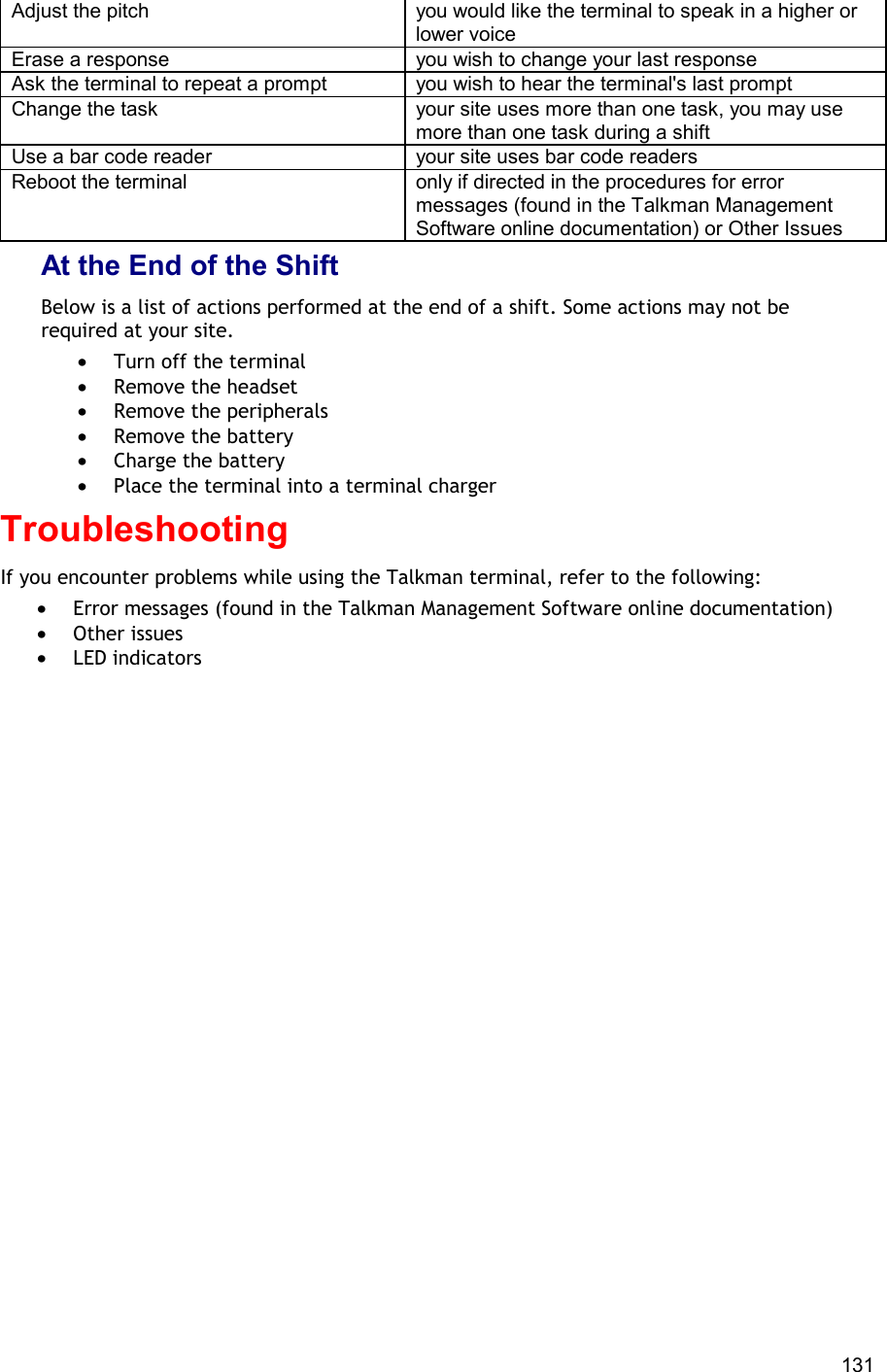  131 Adjust the pitch you would like the terminal to speak in a higher or lower voice Erase a response you wish to change your last response Ask the terminal to repeat a prompt you wish to hear the terminal&apos;s last prompt Change the task your site uses more than one task, you may use more than one task during a shift Use a bar code reader your site uses bar code readers Reboot the terminal only if directed in the procedures for error messages (found in the Talkman Management Software online documentation) or Other Issues At the End of the Shift Below is a list of actions performed at the end of a shift. Some actions may not be required at your site. •  Turn off the terminal •  Remove the headset •  Remove the peripherals •  Remove the battery •  Charge the battery •  Place the terminal into a terminal charger Troubleshooting If you encounter problems while using the Talkman terminal, refer to the following:  •  Error messages (found in the Talkman Management Software online documentation) •  Other issues •  LED indicators    