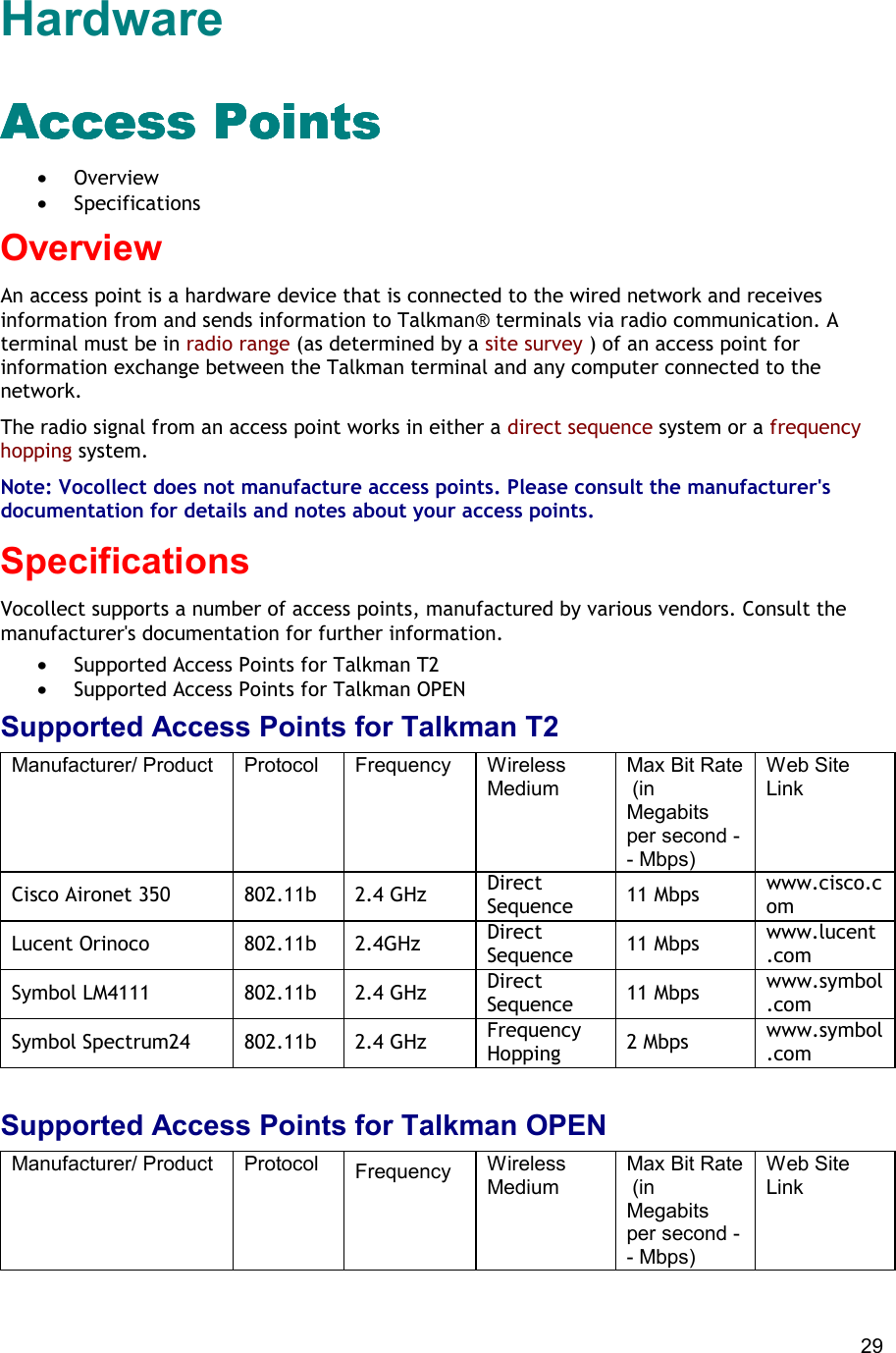  29 Hardware Access Points Access Points Access Points Access Points  •  Overview •  Specifications Overview An access point is a hardware device that is connected to the wired network and receives information from and sends information to Talkman® terminals via radio communication. A terminal must be in radio range (as determined by a site survey ) of an access point for information exchange between the Talkman terminal and any computer connected to the network. The radio signal from an access point works in either a direct sequence system or a frequency hopping system. Note: Vocollect does not manufacture access points. Please consult the manufacturer&apos;s documentation for details and notes about your access points. Specifications Vocollect supports a number of access points, manufactured by various vendors. Consult the manufacturer&apos;s documentation for further information. •  Supported Access Points for Talkman T2 •  Supported Access Points for Talkman OPEN Supported Access Points for Talkman T2 Manufacturer/ Product Protocol Frequency  Wireless Medium Max Bit Rate   (in  Megabits per second -- Mbps) Web Site Link Cisco Aironet 350 802.11b 2.4 GHz Direct Sequence 11 Mbps www.cisco.com Lucent Orinoco 802.11b 2.4GHz Direct Sequence 11 Mbps www.lucent.com Symbol LM4111 802.11b 2.4 GHz Direct Sequence 11 Mbps www.symbol.com Symbol Spectrum24 802.11b 2.4 GHz Frequency Hopping 2 Mbps www.symbol.com    Supported Access Points for Talkman OPEN Manufacturer/ Product Protocol Frequency   Wireless Medium Max Bit Rate   (in  Megabits per second -- Mbps) Web Site Link 