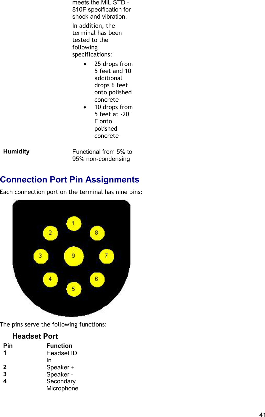  41 meets the MIL STD -810F specification for shock and vibration.  In addition, the terminal has been tested to the following specifications: •  25 drops from 5 feet and 10 additional drops 6 feet onto polished concrete •  10 drops from 5 feet at -20° F onto polished concrete   Humidity Functional from 5% to 95% non-condensing    Connection Port Pin Assignments Each connection port on the terminal has nine pins:  The pins serve the following functions: Headset Port Pin Function 1 Headset ID In 2 Speaker + 3 Speaker - 4 Secondary Microphone 