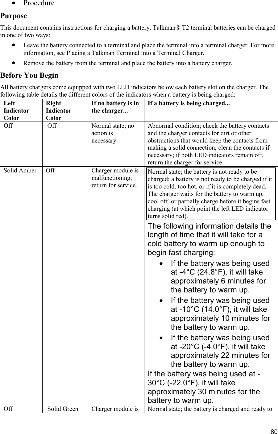  80 •  Procedure Purpose This document contains instructions for charging a battery. Talkman® T2 terminal batteries can be charged in one of two ways: •  Leave the battery connected to a terminal and place the terminal into a terminal charger. For more information, see Placing a Talkman Terminal into a Terminal Charger. •  Remove the battery from the terminal and place the battery into a battery charger. Before You Begin All battery chargers come equipped with two LED indicators below each battery slot on the charger. The following table details the different colors of the indicators when a battery is being charged: Left Indicator Color Right Indicator Color If no battery is in the charger... If a battery is being charged... Off  Off Normal state; no action is necessary. Abnormal condition; check the battery contacts and the charger contacts for dirt or other obstructions that would keep the contacts from making a solid connection; clean the contacts if necessary; if both LED indicators remain off, return the charger for service. Solid Amber Off Charger module is malfunctioning; return for service. Normal state; the battery is not ready to be charged; a battery is not ready to be charged if it is too cold, too hot, or if it is completely dead. The charger waits for the battery to warm up, cool off, or partially charge before it begins fast charging (at which point the left LED indicator turns solid red). The following information details the length of time that it will take for a cold battery to warm up enough to begin fast charging: •  If the battery was being used at -4°C (24.8°F), it will take approximately 6 minutes for the battery to warm up. •  If the battery was being used at -10°C (14.0°F), it will take approximately 10 minutes for the battery to warm up. •  If the battery was being used at -20°C (-4.0°F), it will take approximately 22 minutes for the battery to warm up. If the battery was being used at -30°C (-22.0°F), it will take approximately 30 minutes for the battery to warm up. Off  Solid Green Charger module is  Normal state; the battery is charged and ready to 