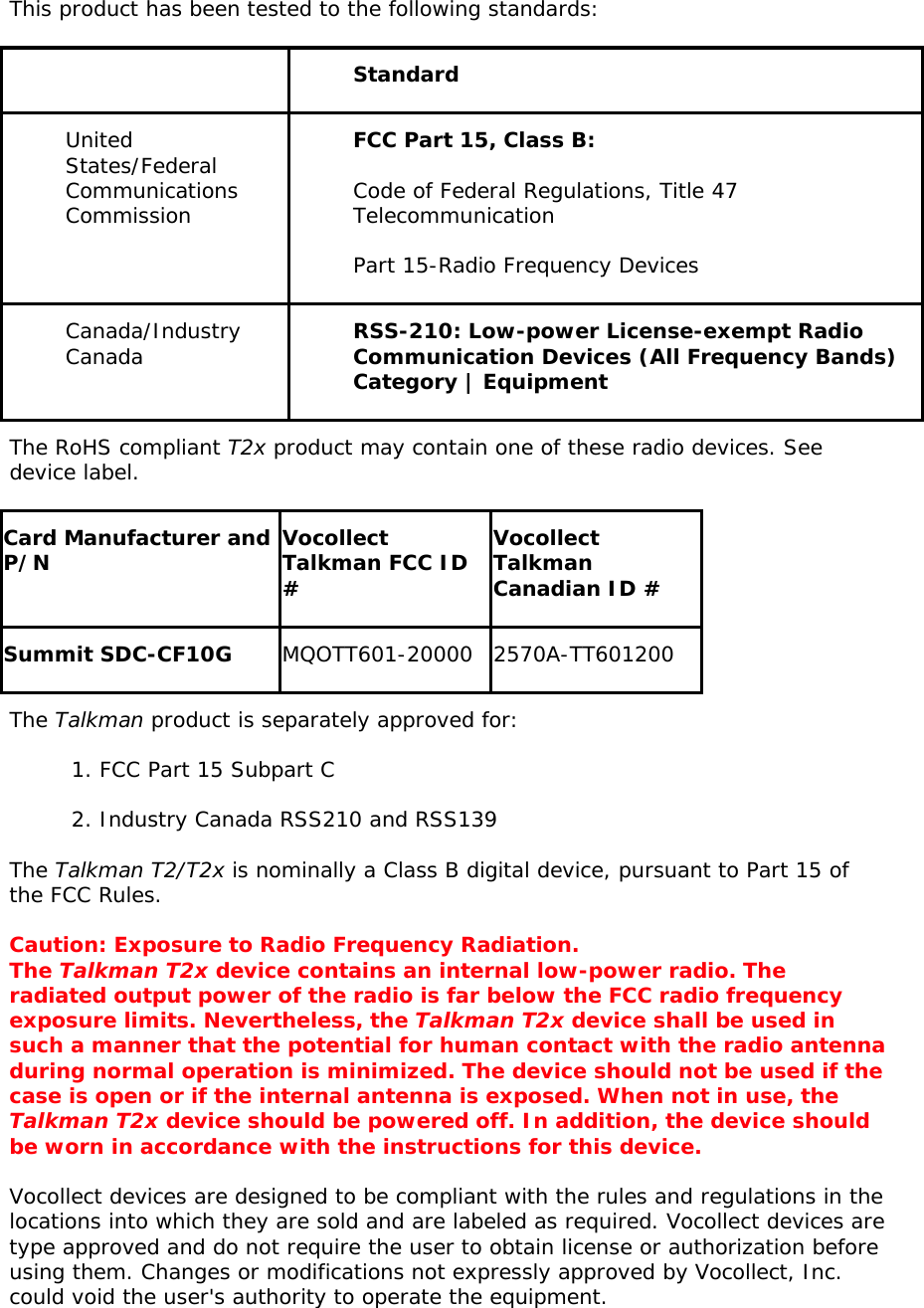 This product has been tested to the following standards:   Standard United States/Federal Communications Commission FCC Part 15, Class B: Code of Federal Regulations, Title 47 Telecommunication Part 15-Radio Frequency Devices Canada/Industry Canada  RSS-210: Low-power License-exempt Radio Communication Devices (All Frequency Bands) Category | Equipment The RoHS compliant T2x product may contain one of these radio devices. See device label.  Card Manufacturer and P/N Vocollect Talkman FCC ID # Vocollect Talkman Canadian ID # Summit SDC-CF10G  MQOTT601-20000 2570A-TT601200 The Talkman product is separately approved for: 1. FCC Part 15 Subpart C  2. Industry Canada RSS210 and RSS139  The Talkman T2/T2x is nominally a Class B digital device, pursuant to Part 15 of the FCC Rules. Caution: Exposure to Radio Frequency Radiation.  The Talkman T2x device contains an internal low-power radio. The radiated output power of the radio is far below the FCC radio frequency exposure limits. Nevertheless, the Talkman T2x device shall be used in such a manner that the potential for human contact with the radio antenna during normal operation is minimized. The device should not be used if the case is open or if the internal antenna is exposed. When not in use, the Talkman T2x device should be powered off. In addition, the device should be worn in accordance with the instructions for this device. Vocollect devices are designed to be compliant with the rules and regulations in the locations into which they are sold and are labeled as required. Vocollect devices are type approved and do not require the user to obtain license or authorization before using them. Changes or modifications not expressly approved by Vocollect, Inc. could void the user&apos;s authority to operate the equipment. 