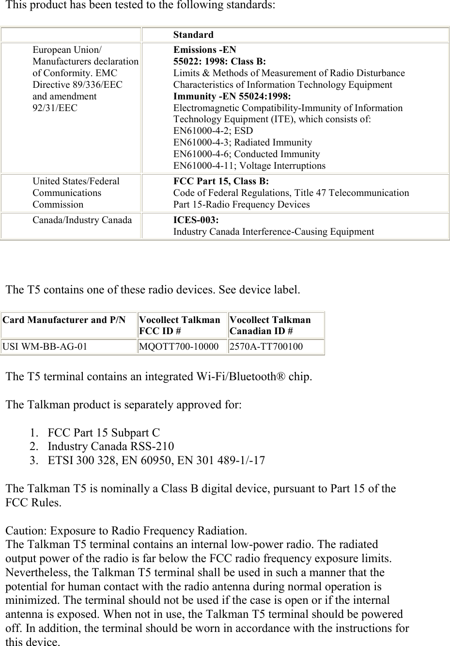   This product has been tested to the following standards:    Standard European Union/ Manufacturers declaration of Conformity. EMC Directive 89/336/EEC and amendment 92/31/EEC Emissions -EN 55022: 1998: Class B: Limits &amp; Methods of Measurement of Radio Disturbance Characteristics of Information Technology Equipment Immunity -EN 55024:1998: Electromagnetic Compatibility-Immunity of Information Technology Equipment (ITE), which consists of: EN61000-4-2; ESD EN61000-4-3; Radiated Immunity EN61000-4-6; Conducted Immunity EN61000-4-11; Voltage Interruptions United States/Federal Communications Commission FCC Part 15, Class B: Code of Federal Regulations, Title 47 Telecommunication Part 15-Radio Frequency Devices Canada/Industry Canada  ICES-003: Industry Canada Interference-Causing Equipment   The T5 contains one of these radio devices. See device label. Card Manufacturer and P/N Vocollect Talkman FCC ID # Vocollect Talkman Canadian ID # USI WM-BB-AG-01  MQOTT700-10000  2570A-TT700100 The T5 terminal contains an integrated Wi-Fi/Bluetooth® chip. The Talkman product is separately approved for: 1. FCC Part 15 Subpart C  2. Industry Canada RSS-210 3. ETSI 300 328, EN 60950, EN 301 489-1/-17 The Talkman T5 is nominally a Class B digital device, pursuant to Part 15 of the FCC Rules. Caution: Exposure to Radio Frequency Radiation. The Talkman T5 terminal contains an internal low-power radio. The radiated output power of the radio is far below the FCC radio frequency exposure limits. Nevertheless, the Talkman T5 terminal shall be used in such a manner that the potential for human contact with the radio antenna during normal operation is minimized. The terminal should not be used if the case is open or if the internal antenna is exposed. When not in use, the Talkman T5 terminal should be powered off. In addition, the terminal should be worn in accordance with the instructions for this device. 