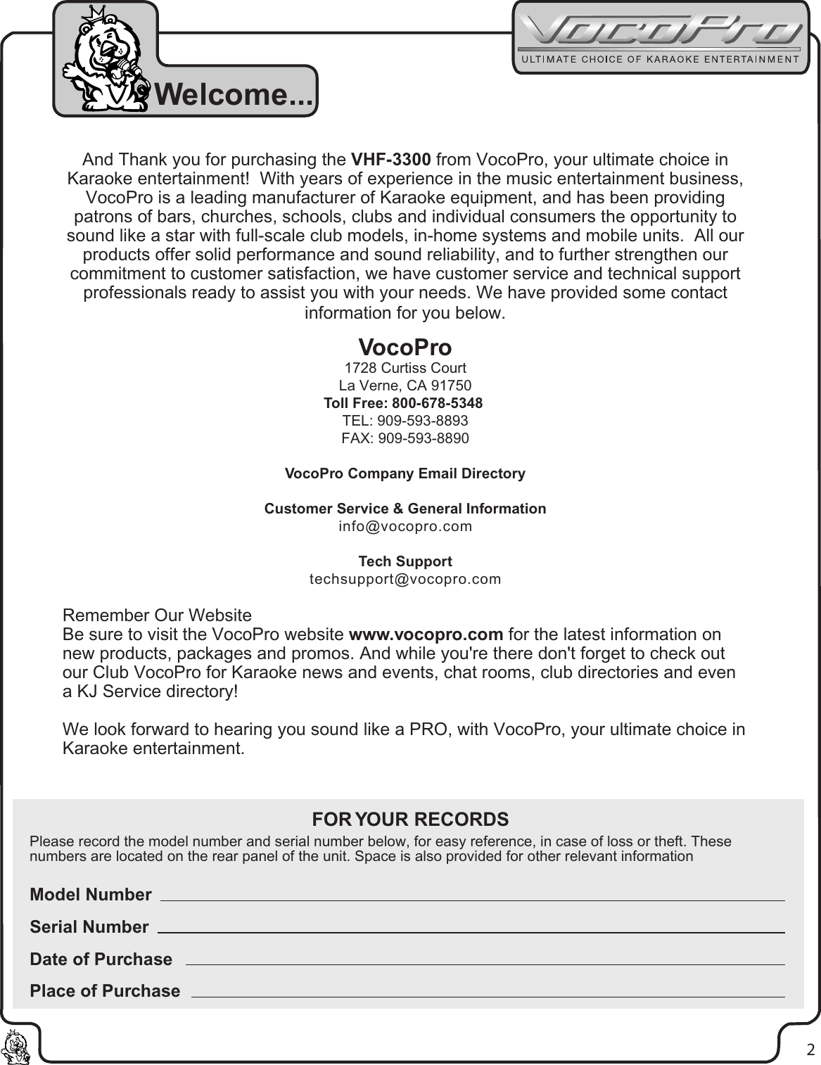 Page 3 of 11 - Vocopro Vocopro-Vhf-3300-Users-Manual- Pg 01 Cover  Vocopro-vhf-3300-users-manual