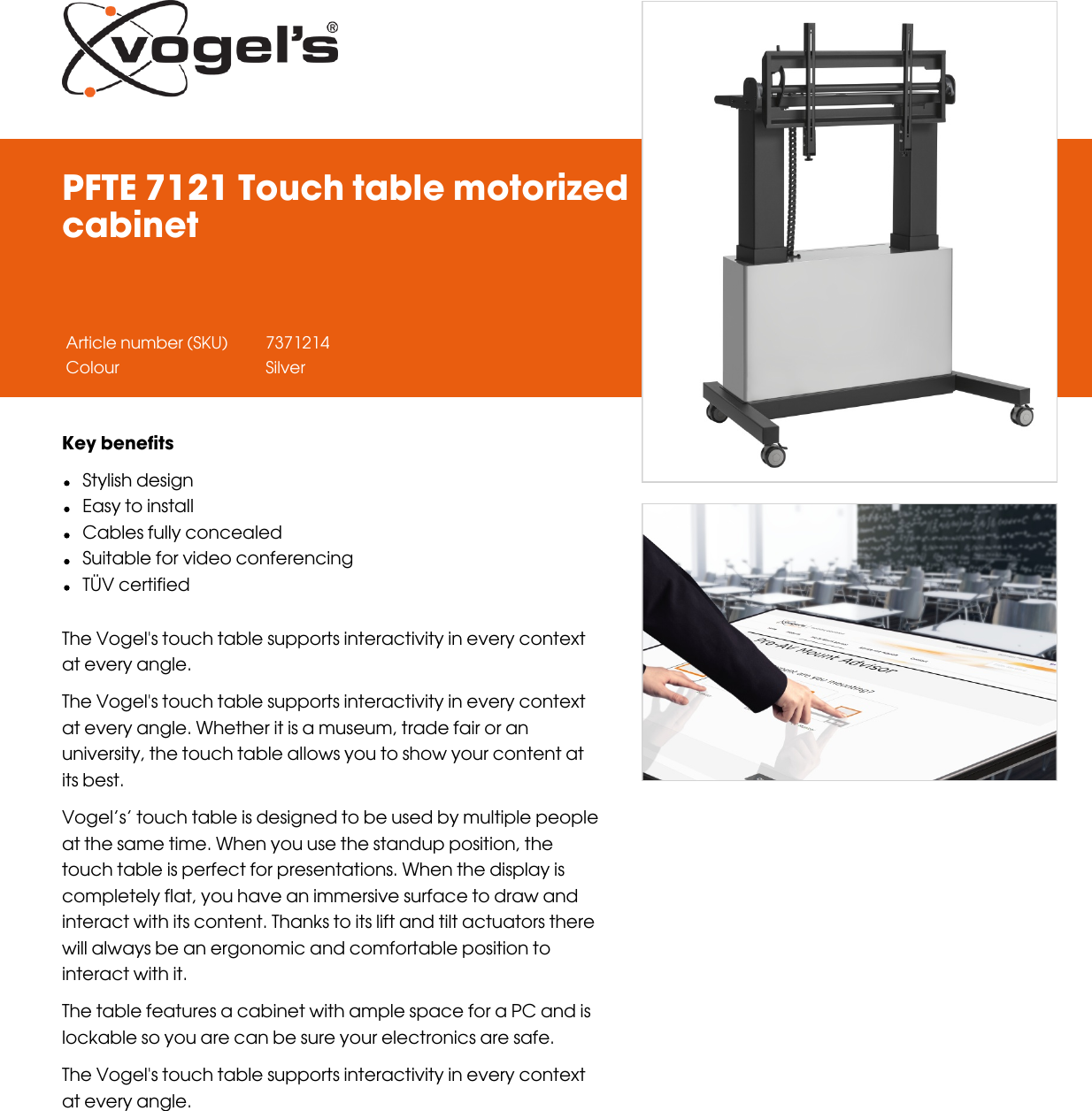 Page 1 of 4 - Leaflet Version 4.0  PFTE-7121-Touch-table-motorized-cabinet-5391-en