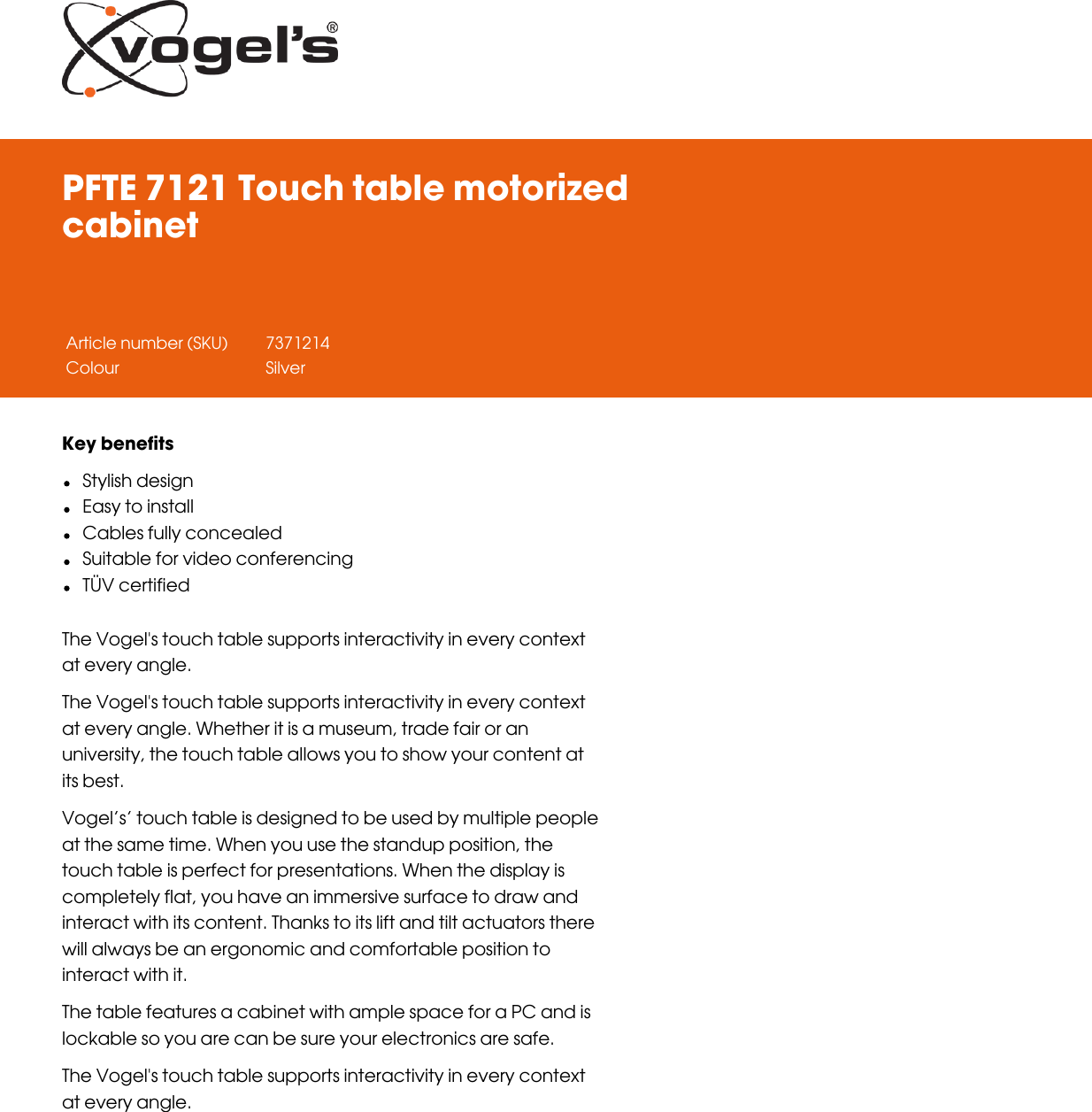 Page 3 of 4 - Leaflet Version 4.0  PFTE-7121-Touch-table-motorized-cabinet-5391-en