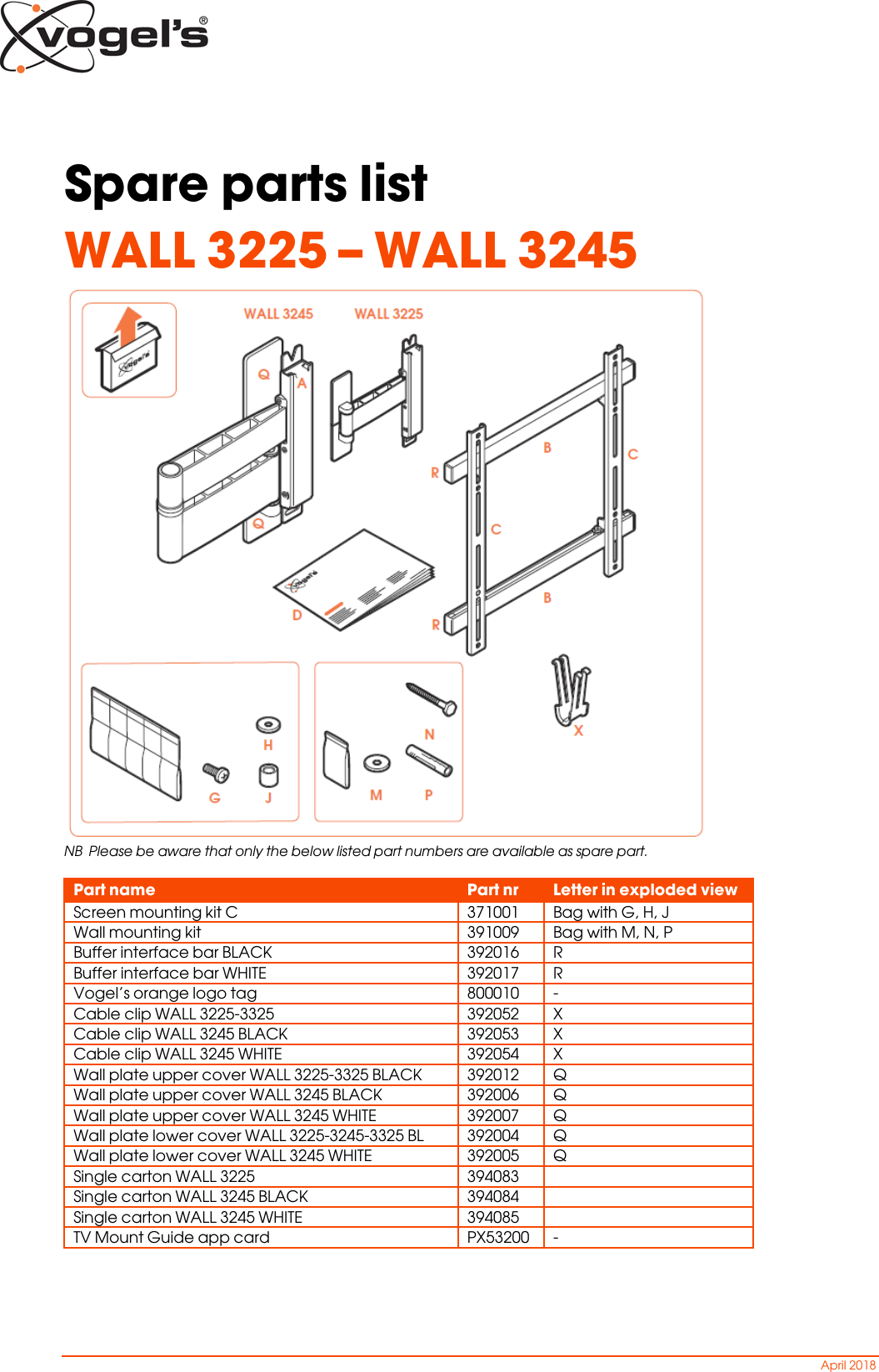 WALL3225 WALL3245 spare part list tv mounts vogels