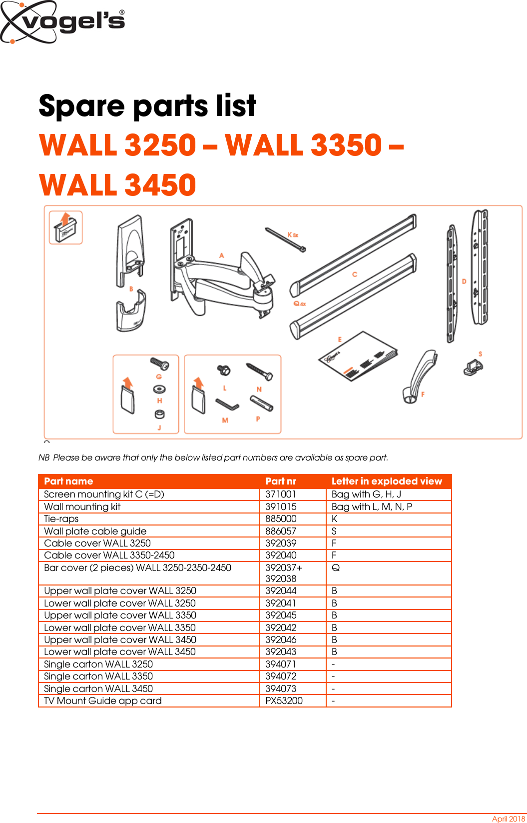 Page 1 of 1 - WALL3250-WALL3350-WALL3450-spare-part-list-tv-mounts-vogels