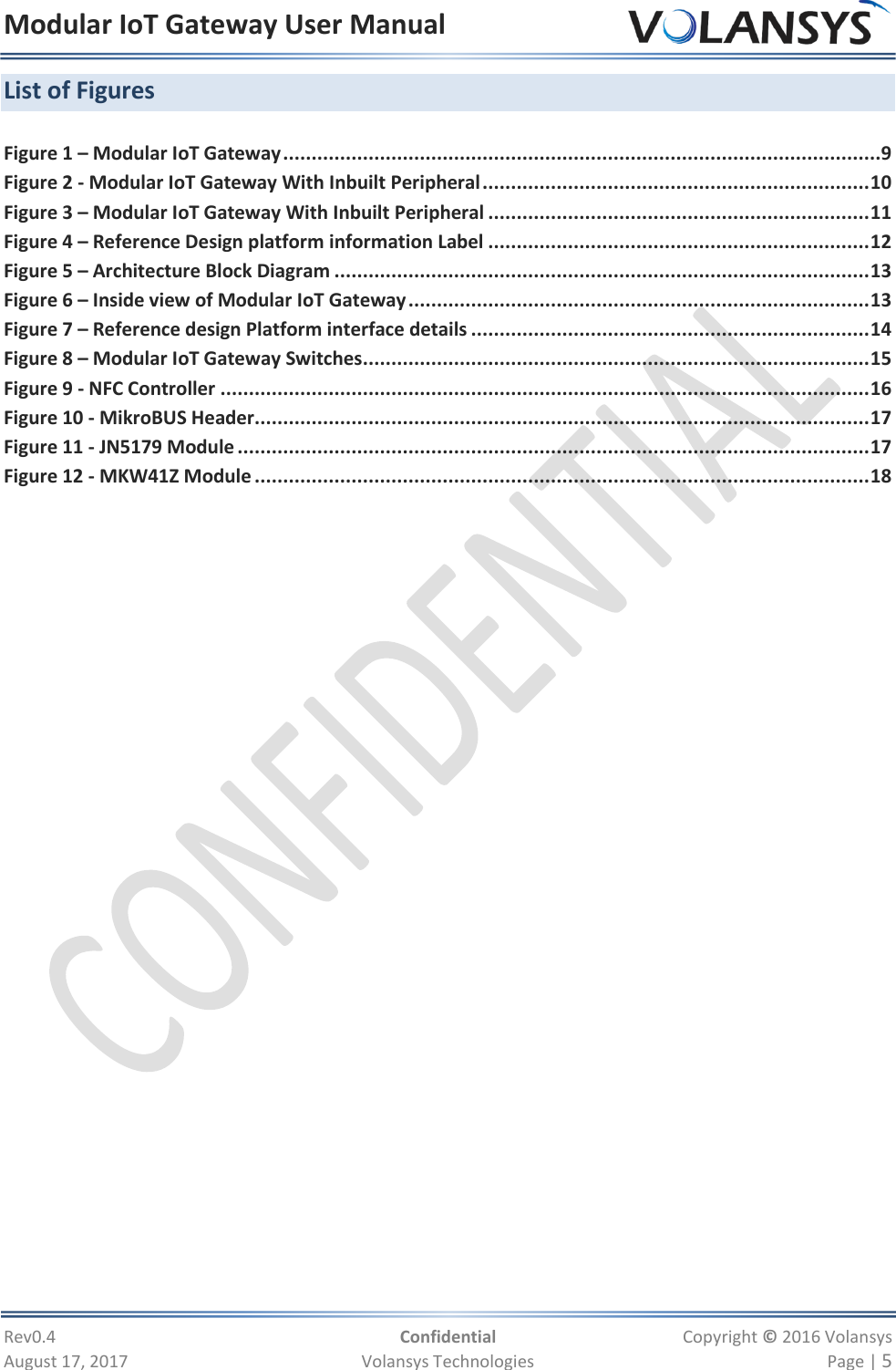 Modular IoT Gateway User Manual     Rev0.4  Confidential  Copyright © 2016 Volansys  August 17, 2017  Volansys Technologies  Page | 5 List of Figures  Figure 1 – Modular IoT Gateway .........................................................................................................9 Figure 2 - Modular IoT Gateway With Inbuilt Peripheral .................................................................... 10 Figure 3 – Modular IoT Gateway With Inbuilt Peripheral ................................................................... 11 Figure 4 – Reference Design platform information Label ................................................................... 12 Figure 5 – Architecture Block Diagram .............................................................................................. 13 Figure 6 – Inside view of Modular IoT Gateway ................................................................................. 13 Figure 7 – Reference design Platform interface details ...................................................................... 14 Figure 8 – Modular IoT Gateway Switches ......................................................................................... 15 Figure 9 - NFC Controller .................................................................................................................. 16 Figure 10 - MikroBUS Header............................................................................................................ 17 Figure 11 - JN5179 Module ............................................................................................................... 17 Figure 12 - MKW41Z Module ............................................................................................................ 18                            