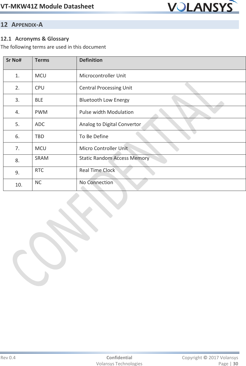 VT-MKW41Z Module Datasheet  Rev 0.4  Confidential  Copyright © 2017 Volansys   Volansys Technologies  Page | 30 12 APPENDIX-A 12.1 Acronyms &amp; Glossary The following terms are used in this document Sr No# Terms Definition 1.   MCU Microcontroller Unit 2.   CPU Central Processing Unit  3.   BLE Bluetooth Low Energy 4.   PWM Pulse width Modulation 5.   ADC Analog to Digital Convertor 6.   TBD To Be Define 7.   MCU Micro Controller Unit 8.   SRAM Static Random Access Memory 9.   RTC Real Time Clock 10.   NC No Connection  