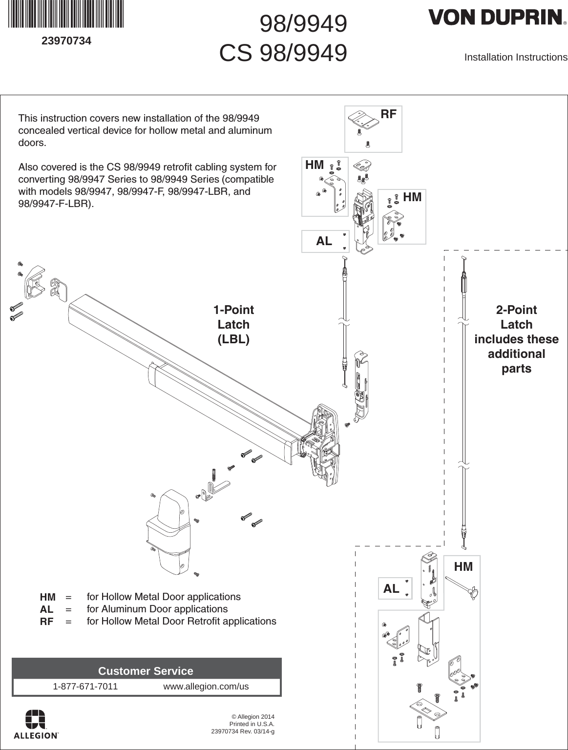 Page 1 of 12 - Von Duprin 23970734_g 98/9949 Metal Door Installation Instructions 105677