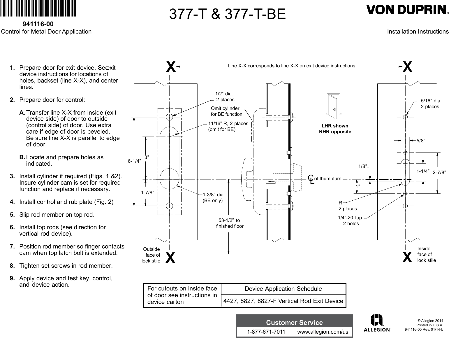 Page 1 of 2 - Von Duprin 377T T-BE Control For 4427 8827 8827-F Vertical Rod Installation Instructions 377-&, 377-T-BE 4427/8827 F 107735