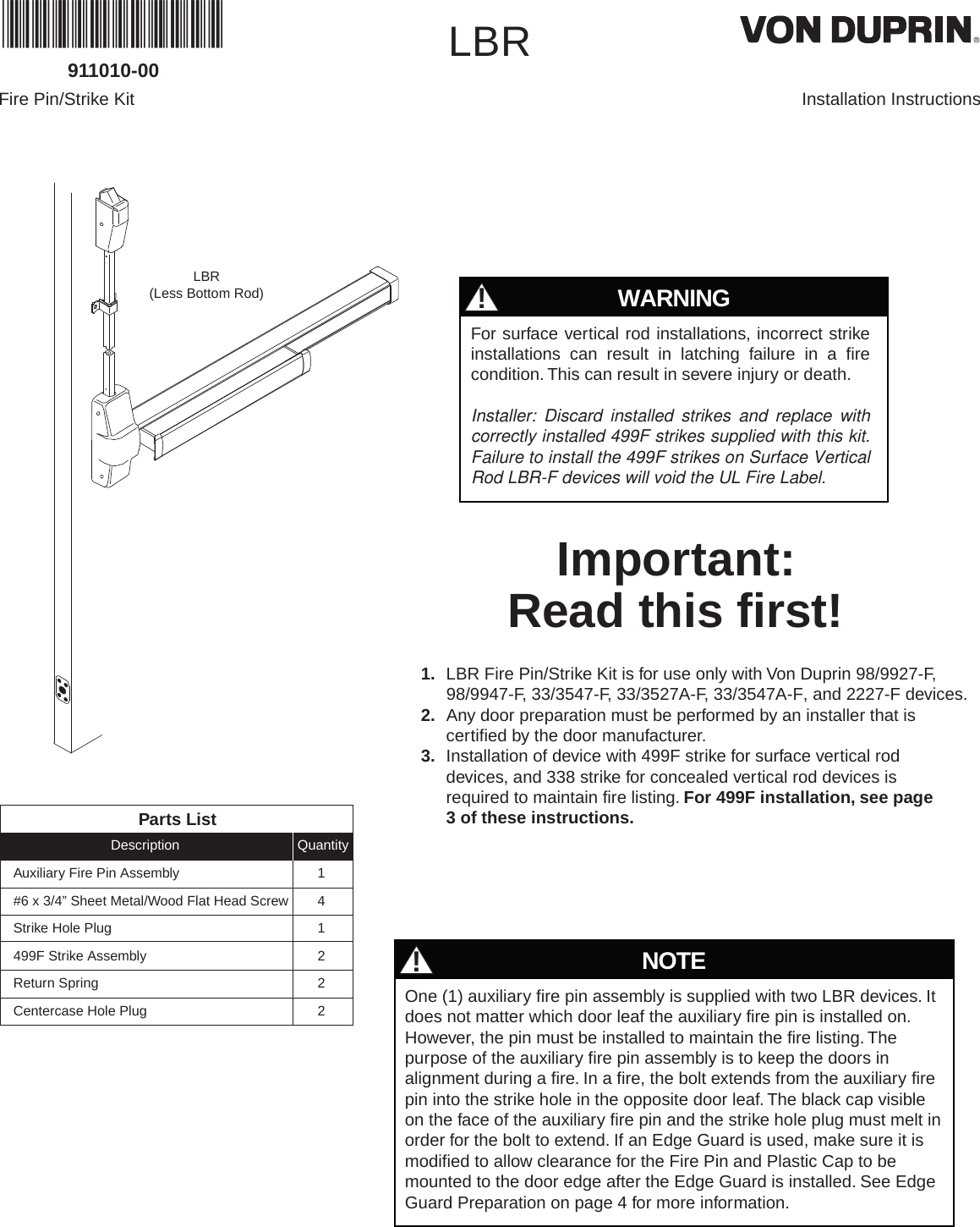 Page 1 of 8 - Von Duprin LBR Auxiliary Fire Pin And 499F Strike Installation Instructions 107570