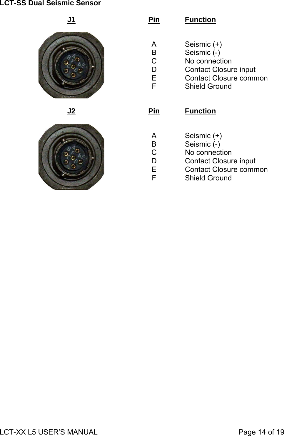 LCT-SS Dual Seismic Sensor  J1 Pin Function   A B C D E F  Seismic (+) Seismic (-) No connection Contact Closure input Contact Closure common Shield Ground  J2  Pin  Function   A B C D E F  Seismic (+) Seismic (-) No connection Contact Closure input Contact Closure common Shield Ground  LCT-XX L5 USER’S MANUAL                                                                     Page 14 of 19  