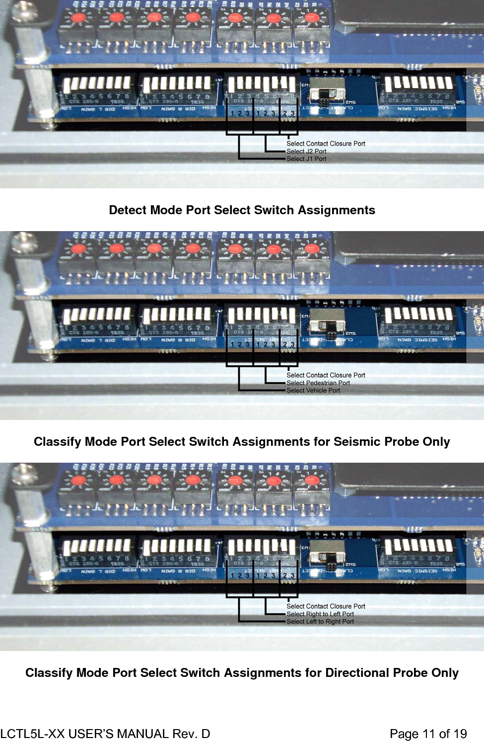 LCTL5L-XX USER’S MANUAL Rev. D                                                    Page 11 of 19    Detect Mode Port Select Switch Assignments    Classify Mode Port Select Switch Assignments for Seismic Probe Only    Classify Mode Port Select Switch Assignments for Directional Probe Only  