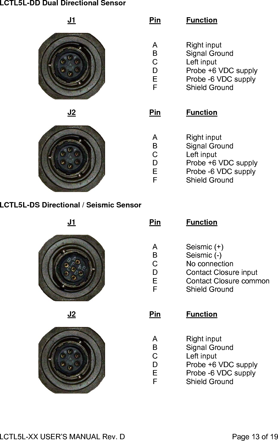 LCTL5L-XX USER’S MANUAL Rev. D                                                    Page 13 of 19  LCTL5L-DD Dual Directional Sensor  J1 Pin Function    A B C D E F  Right input Signal Ground Left input Probe +6 VDC supply Probe -6 VDC supply Shield Ground  J2  Pin  Function    A B C D E F  Right input Signal Ground Left input Probe +6 VDC supply Probe -6 VDC supply Shield Ground  LCTL5L-DS Directional / Seismic Sensor  J1 Pin Function    A B C D E F  Seismic (+) Seismic (-) No connection Contact Closure input Contact Closure common Shield Ground  J2  Pin  Function    A B C D E F  Right input Signal Ground Left input Probe +6 VDC supply Probe -6 VDC supply Shield Ground  