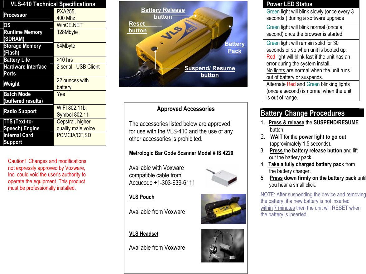 VLS-410 Technical Specifications Processor  PXA255,  400 Mhz OS  WinCE.NET Runtime Memory (SDRAM) 128Mbyte Storage Memory (Flash) 64Mbyte Battery Life  >10 hrs Hardware Interface Ports 2 serial,  USB Client Weight  22 ounces with battery Batch Mode (buffered results) Yes Radio Support  WIFI 802.11b; Symbol 802.11 TTS (Text-to-Speech) Engine Cepstral, higher quality male voice Internal Card Support PCMCIA/CF,SD                                       Power LED Status Green light will blink slowly (once every 3 seconds ) during a software upgrade  Green light will blink normal (once a second) once the browser is started. Green light will remain solid for 30 seconds or so when unit is booted up.  Red light will blink fast if the unit has an error during the system install. No lights are normal when the unit runs out of battery or suspends.  Alternate Red and Green blinking lights (once a second) is normal when the unit is out of range.  Battery Change Procedures    1.  Press &amp; release the SUSPEND/RESUME          button. 2.   WAIT for the power light to go out         (approximately 1.5 seconds). 3.  Press the battery release button and lift            out the battery pack. 4. Take a fully charged battery pack from           the battery charger. 5.  Press down firmly on the battery pack until           you hear a small click.      NOTE: After suspending the device and removing  the battery, if a new battery is not inserted  within 7 minutes then the unit will RESET when  the battery is inserted.         Caution!  Changes and modifications not expressly approved by Voxware, Inc. could void the user&rsquo;s authority to operate the equipment. This product must be professionally installed. Approved Accessories  The accessories listed below are approved  for use with the VLS-410 and the use of any other accessories is prohibited.   Metrologic Bar Code Scanner Model # IS 4220   Available with Voxware  compatible cable from  Accucode +1-303-639-6111  VLS Pouch  Available from Voxware    VLS Headset  Available from Voxware  BatteryPack Suspend/ Resume buttonReset button Battery Releasebutton 