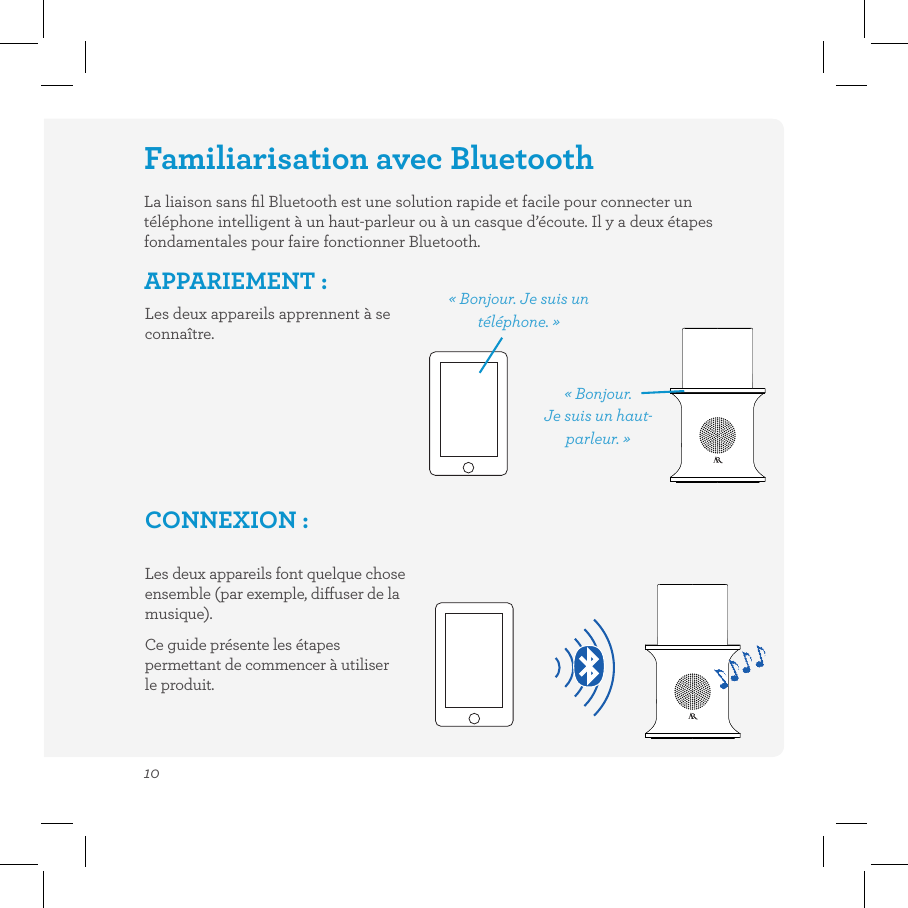 10Familiarisation avec BluetoothLa liaison sans ﬁl Bluetooth est une solution rapide et facile pour connecter un téléphone intelligent à un haut-parleur ou à un casque d’écoute. Il y a deux étapes fondamentales pour faire fonctionner Bluetooth.APPARIEMENT : Les deux appareils apprennent à se connaître.Les deux appareils font quelque chose ensemble (par exemple, diuser de la musique).Ce guide présente les étapes permettant de commencer à utiliser le produit.CONNEXION : « Bonjour. Je suis un téléphone. »« Bonjour. Je suis un haut-parleur. »