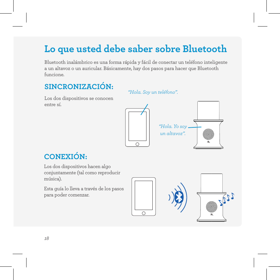 18Lo que usted debe saber sobre BluetoothBluetooth inalámbrico es una forma rápida y fácil de conectar un teléfono inteligente a un altavoz o un auricular. Básicamente, hay dos pasos para hacer que Bluetooth funcione.SINCRONIZACIÓN:  “Hola. Soy un teléfono”.Los dos dispositivos se conocen entre sí.Los dos dispositivos hacen algo conjuntamente (tal como reproducir música).Esta guía lo lleva a través de los pasos para poder comenzar.CONEXIÓN: “Hola. Yo soy un altavoz”.