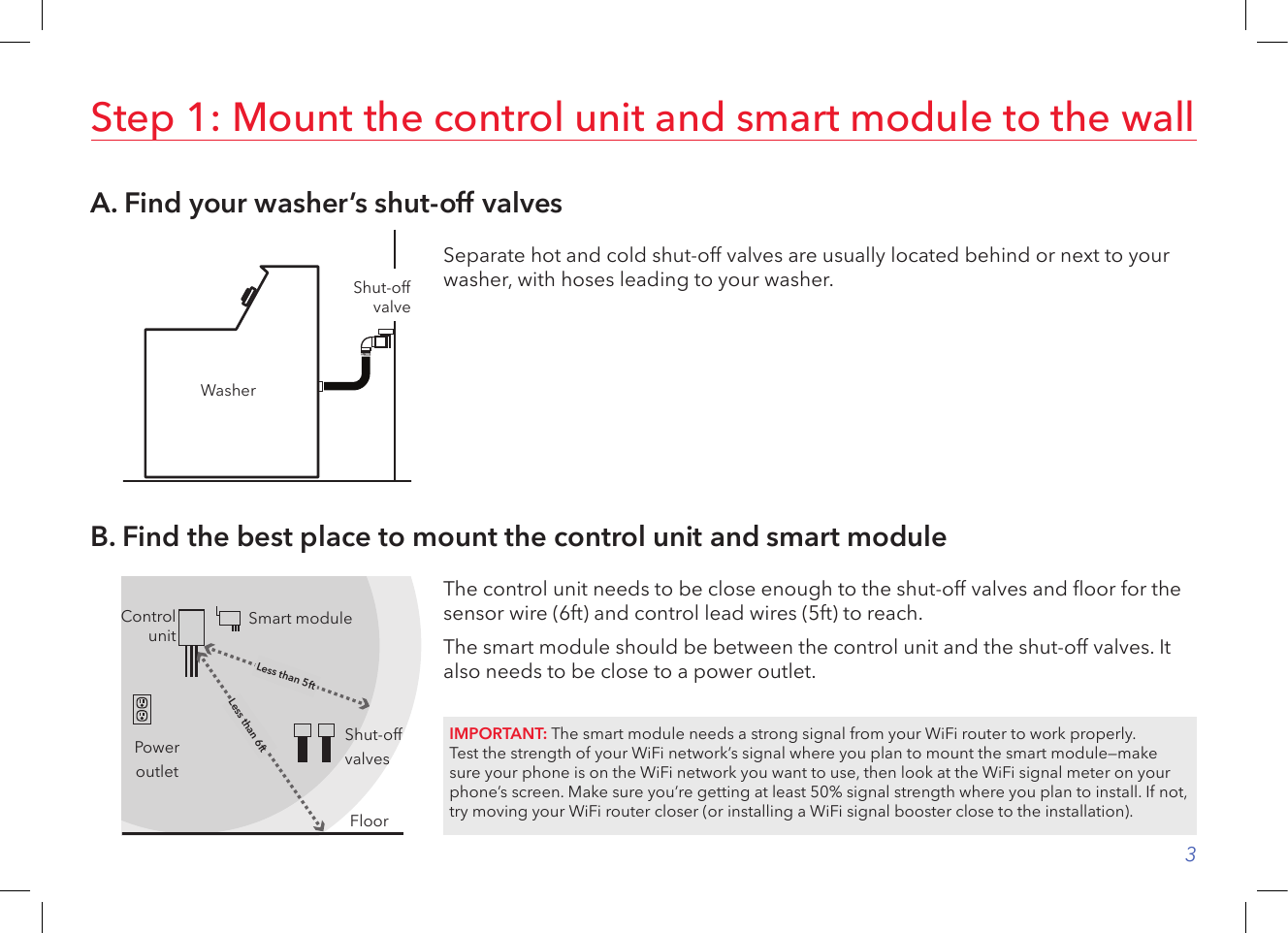3A. Find your washer’s shut-off valvesStep 1: Mount the control unit and smart module to the wallSeparate hot and cold shut-off valves are usually located behind or next to your washer, with hoses leading to your washer.WasherShut-off valveB. Find the best place to mount the control unit and smart moduleThe control unit needs to be close enough to the shut-off valves and oor for the sensor wire (6ft) and control lead wires (5ft) to reach. The smart module should be between the control unit and the shut-off valves. It also needs to be close to a power outlet.Less than 5ftLess than 6ftControl unitFloorShut-off valvesPower outletSmart moduleIMPORTANT: The smart module needs a strong signal from your WiFi router to work properly. Test the strength of your WiFi network’s signal where you plan to mount the smart module—make sure your phone is on the WiFi network you want to use, then look at the WiFi signal meter on your phone’s screen. Make sure you’re getting at least 50% signal strength where you plan to install. If not, try moving your WiFi router closer (or installing a WiFi signal booster close to the installation).