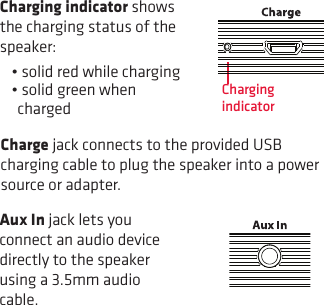 Charging indicator shows the charging status of the speaker: •solidredwhilecharging•solidgreenwhenchargedCharging indicatorCharge jack connects to the provided USB charging cable to plug the speaker into a power source or adapter.Aux In jack lets you connect an audio device directly to the speaker using a 3.5mm audio cable.