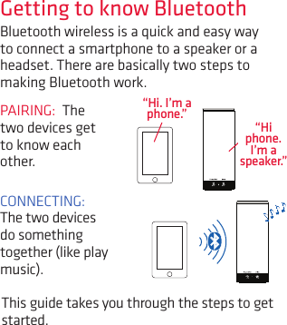 Bluetooth wireless is a quick and easy way to connect a smartphone to a speaker or a headset. There are basically two steps to making Bluetooth work.PAIRING:  The two devices get to know each other.CONNECTING: The two devices do something together (like play music).“Hi. I’m a phone.”This guide takes you through the steps to get started.Getting to know Bluetooth“Hi phone. I’m a speaker.”