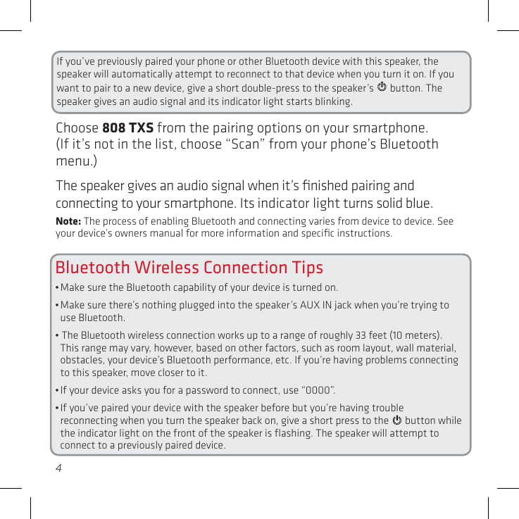 Page 4 of Voxx Accessories SP370 Bluetooth wireless speaker User Manual 