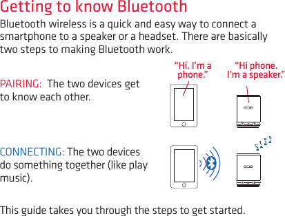 Bluetooth wireless is a quick and easy way to connect a smartphone to a speaker or a headset. There are basically two steps to making Bluetooth work.PAIRING:  The two devices get to know each other.CONNECTING: The two devices do something together (like play music).“Hi. I’m a phone.”This guide takes you through the steps to get started.Getting to know Bluetooth“Hi phone. I’m a speaker.”PAIR MPAIR M