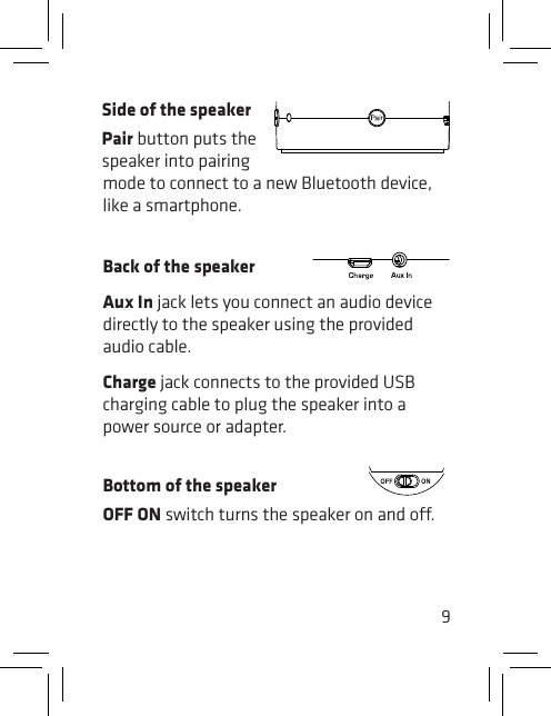 9Side of the speakerPair button puts the speaker into pairing mode to connect to a new Bluetooth device, like a smartphone.Back of the speaker Aux In jack lets you connect an audio device directly to the speaker using the provided audio cable.Charge jack connects to the provided USB charging cable to plug the speaker into a power source or adapter.Bottom of the speakerOFF ONswitchturnsthespeakeronando.