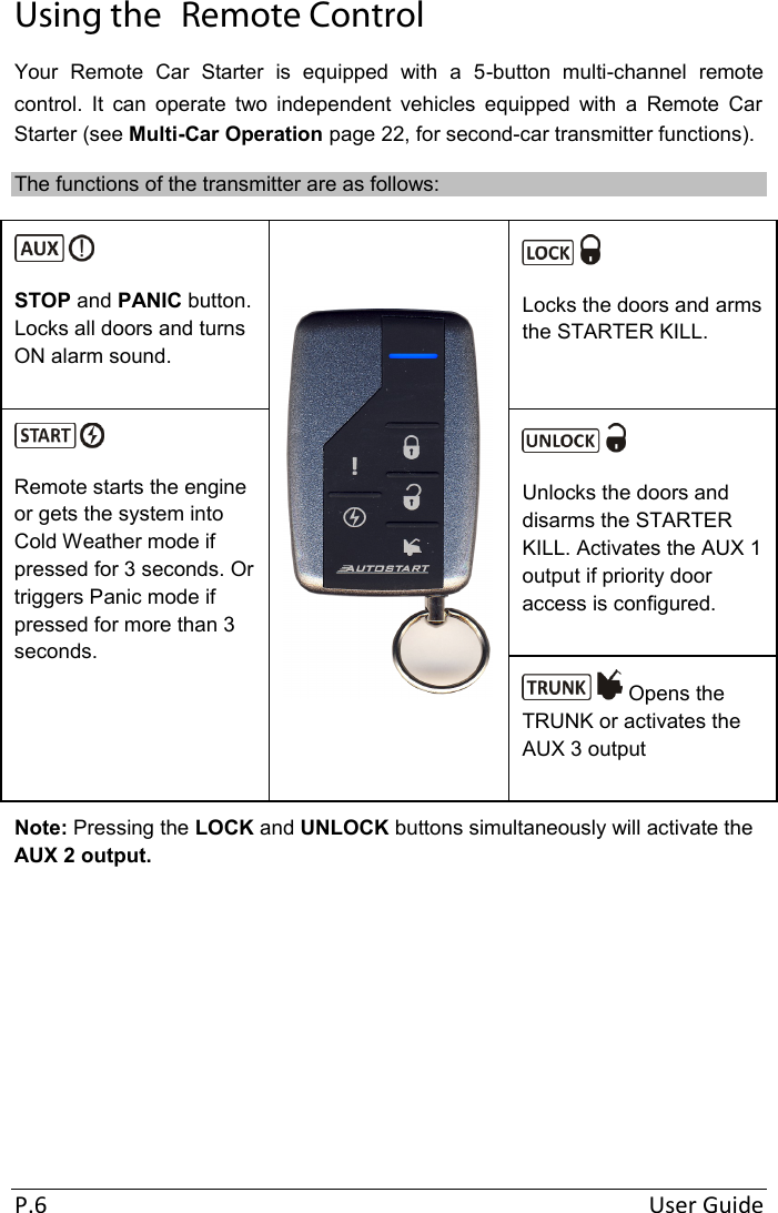  P.6  User Guide Using the  Remote Control  Your  Remote  Car  Starter  is  equipped  with  a  5-button  multi-channel  remote control.  It  can  operate  two  independent  vehicles  equipped  with  a  Remote  Car Starter (see Multi-Car Operation page 22, for second-car transmitter functions). The functions of the transmitter are as follows:  STOP and PANIC button. Locks all doors and turns ON alarm sound.   Locks the doors and arms the STARTER KILL.  Remote starts the engine or gets the system into Cold Weather mode if pressed for 3 seconds. Or triggers Panic mode if pressed for more than 3 seconds.  Unlocks the doors and disarms the STARTER KILL. Activates the AUX 1 output if priority door access is configured.  Opens the TRUNK or activates the AUX 3 output Note: Pressing the LOCK and UNLOCK buttons simultaneously will activate the AUX 2 output.     