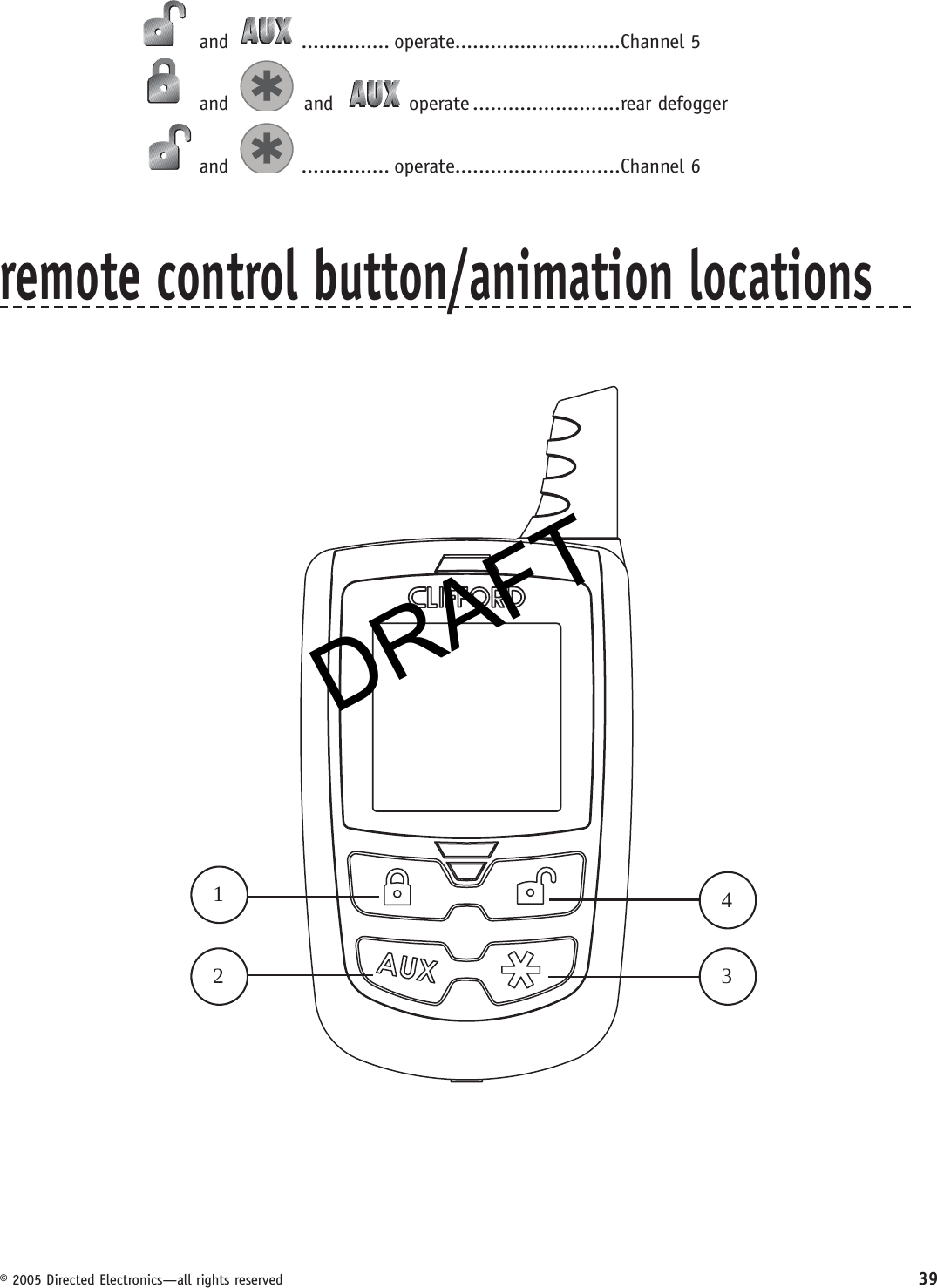 DRAFT© 2005 Directed Electronics—all rights reserved 39 and   ............... operate............................Channel  5 and   and    operate .........................rear  defogger and   ............... operate............................Channel  6remote control button/animation locations12 34DRAFT