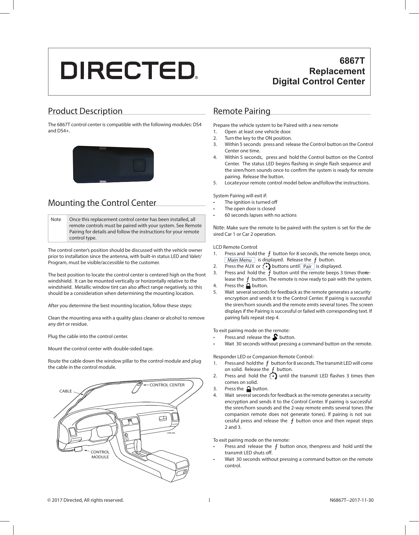 Page 1 of Voxx Electronics DEI6867T Vehicle Transceiver Unit User Manual 6867T installation guide 20170710