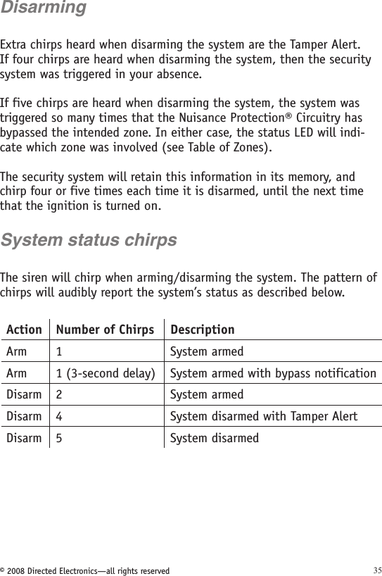 © 2008 Directed Electronics—all rights reserved 35Disarming Extra chirps heard when disarming the system are the Tamper Alert. If four chirps are heard when disarming the system, then the security system was triggered in your absence. If five chirps are heard when disarming the system, the system was triggered so many times that the Nuisance Protection® Circuitry has bypassed the intended zone. In either case, the status LED will indi-cate which zone was involved (see Table of Zones). The security system will retain this information in its memory, and chirp four or five times each time it is disarmed, until the next time that the ignition is turned on.System status chirps The siren will chirp when arming/disarming the system. The pattern of chirps will audibly report the system’s status as described below. Action Number of Chirps DescriptionArm 1 System armedArm 1 (3-second delay) System armed with bypass notificationDisarm 2 System armedDisarm 4 System disarmed with Tamper AlertDisarm 5 System disarmed