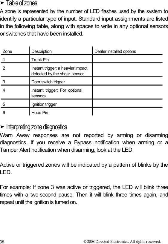  ➤ Table of zones  A zone is represented by the number of LED flashes used by the system to identify a particular type of input. Standard input assignments are listed in the following table, along with spaces to write in any optional sensors or switches that have been installed.    Zone  Description  Dealer installed options 1 Trunk Pin 2  Instant trigger: a heavier impact detected by the shock sensor 3 Door switch trigger 4  Instant  trigger:  For  optional sensors 5 Ignition trigger 6 Hood Pin ➤ Interpreting zone diagnostics  Warn Away responses are not reported by arming or disarming diagnostics. If you receive a Bypass notification when arming or a Tamper Alert notification when disarming, look at the LED.  Active or triggered zones will be indicated by a pattern of blinks by the LED.  For example: If zone 3 was active or triggered, the LED will blink three times with a two-second pause. Then it will blink three times again, and repeat until the ignition is turned on.  38  © 2008 Directed Electronics. All rights reserved. 