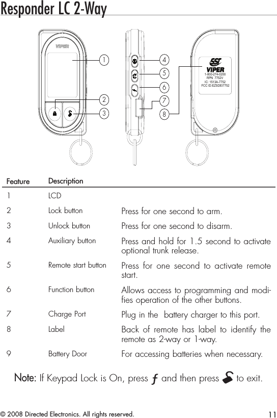 11© 2008 Directed Electronics. All rights reserved.Responder LC 2-Way5319,&amp;$)&amp;&amp;,&apos;(=6&apos;(,531;,&amp;$)&amp;&amp;,&apos;(=6&apos;(,5313,&amp;$)&amp;&amp;,&apos;(=6&apos;(,123456781234567812345678Feature Description1 LCD2 Lock button Press for one second to arm.3 Unlock button Press for one second to disarm.4Auxiliary button Press and hold for 1.5 second to activate optional trunk release.5 Remote start button Press  for  one  second  to  activate  remote start.6 Function button Allows access to programming and modi-fies operation of the other buttons.7 Charge Port Plug in the  battery charger to this port.8 Label Back  of  remote  has  label  to  identify  the remote as 2-way or 1-way.9 Battery Door For accessing batteries when necessary.  Note: If Keypad Lock is On, press A U X and then press A U X to exit.