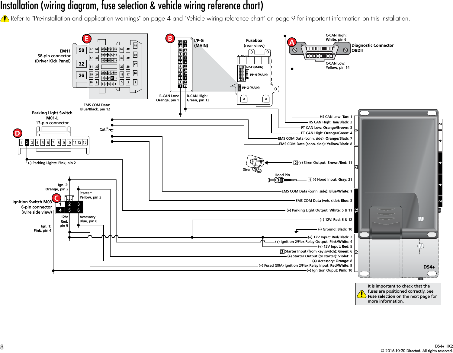 8DS4+ HK2© 2016-10-20 Directed. All rights reserved.Installation (wiring diagram, fuse selection &amp; vehicle wiring reference chart)Refer to &quot;Pre-installation and application warnings&quot; on page 4 and &quot;Vehicle wiring reference chart&quot; on page 9 for important information on this installation.DS4+DS422 810 124 2442EMS COM Data (conn. side): Blue/White: 1EMS COM Data (veh. side): Blue: 3(-) Ground: Black: 10(+) Parking Light Output: White: 5 &amp; 11HS CAN Low: Tan : 1HS CAN High: Tan/Black: 2FT CAN High: Orange/Green: 4FT CAN Low: Orange/Brown: 3EMS COM Data (conn. side): Yellow/Black: 8EMS COM Data (conn. side): Orange/Black: 7SirenHood Pin(+) 12V: Red: 6 &amp; 12(+) Ignition Ouput: Pink: 10(+) 12V Input: Red: 5(+) Ignition 2/Flex Relay Output: Pink/White: 4(+) Fused (30A) Ignition 2/Flex Relay Input: Red/White: 9(+) Accessory: Orange: 8(+) 12V Input: Red/Black: 2(+) Starter Output (to starter): Violet: 7(-) Hood Input: Gray: 21(+) Siren Output: Brown/Red: 11Starter Input (from key switch): Green: 6It is important to check that the fuses are positioned correctly. See Fuse selection on the next page for more information.CutDiagnostic ConnectorOBDIIIgnition Switch M036-pin connector(wire side view)Ign. 2:Orange, pin 2Ign. 1:Pink, pin 412V:Red,pin 5Starter:Yellow, pin 3Accessory:Blue, pin 6B-CAN High: Green, pin 13B-CAN Low: Orange, pin 1EMS COM Data:Blue/Black, pin 12(-) Parking Lights: Pink, pin 2Parking Light SwitchM01-L13-pin connectorI/P-G(MAIN)EM1158-pin connector(Driver Kick Panel) C-CAN Low:Yellow, pin 14C-CAN High:White, pin 6Fusebox(rear view)13 4 5 6 7 8 9 10 1311 122I/P-G (MAIN)I/P-H (MAIN)I/P-F (MAIN)1211221023242192081971861751641531421311 8169