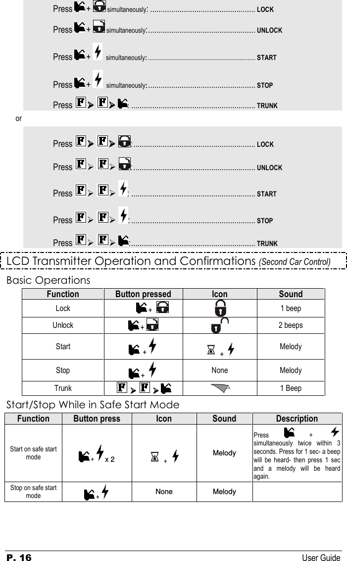 P. 16  User Guide   Press  +  simultaneously: ..................................................LOCK Press  +  simultaneously:...................................................UNLOCK Press  +  simultaneously:................................................................... START Press  +  simultaneously:...................................................STOP Press    :...........................................................TRUNK or  Press    :..........................................................LOCK Press     :..........................................................UNLOCK Press     : ...........................................................START Press     : ...........................................................STOP Press     :...........................................................TRUNK LCD Transmitter Operation and Confirmations (Second Car Control) Basic Operations Function  Button pressed  Icon  Sound Lock   +      1 beep Unlock   +     2 beeps Start    +   +    Melody Stop   +    None  Melody Trunk           1 Beep Start/Stop While in Safe Start Mode Function  Button press  Icon  Sound  Description Start on safe start mode   + x 2  +    Melody Press    +  simultaneously  twice  within  3 seconds. Press for 1 sec- a beep will  be  heard-  then  press  1  sec and  a  melody  will  be  heard again. Stop on safe start mode   +  None  Melody   