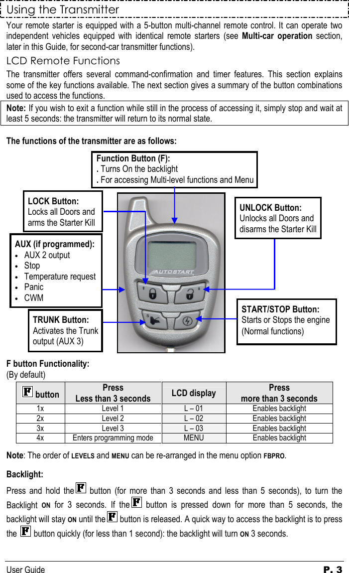 User Guide  P. 3 Using the Transmitter Your remote starter is equipped with a 5-button multi-channel remote control. It can operate two independent  vehicles  equipped  with  identical  remote  starters  (see  Multi-car  operation  section, later in this Guide, for second-car transmitter functions). LCD Remote Functions The  transmitter  offers  several  command-confirmation  and  timer  features.  This  section  explains some of the key functions available. The next section gives a summary of the button combinations used to access the functions. Note: If you wish to exit a function while still in the process of accessing it, simply stop and wait at least 5 seconds: the transmitter will return to its normal state.    The functions of the transmitter are as follows:                                 F button Functionality:   (By default)  button  Press Less than 3 seconds  LCD display  Press more than 3 seconds 1x  Level 1  L – 01  Enables backlight 2x  Level 2  L – 02  Enables backlight 3x  Level 3  L – 03  Enables backlight 4x  Enters programming mode  MENU  Enables backlight   Note: The order of LEVELS and MENU can be re-arranged in the menu option FBPRO.  Backlight: Press  and  hold  the button  (for  more  than  3  seconds  and  less  than  5  seconds),  to  turn  the Backlight ON  for  3  seconds.  If  the button  is  pressed  down  for  more  than  5  seconds,  the backlight will stay ON until the button is released. A quick way to access the backlight is to press the   button quickly (for less than 1 second): the backlight will turn ON 3 seconds.  START/STOP Button: Starts or Stops the engine (Normal functions) UNLOCK Button: Unlocks all Doors and disarms the Starter Kill Function Button (F): . Turns On the backlight  . For accessing Multi-level functions and Menu LOCK Button: Locks all Doors and arms the Starter Kill TRUNK Button: Activates the Trunk output (AUX 3) AUX (if programmed): • AUX 2 output • Stop • Temperature request • Panic • CWM 