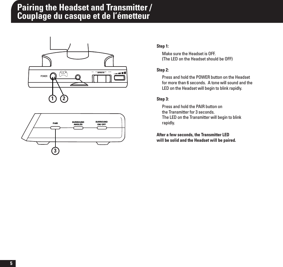 5Pairing the Headset and Transmitter / Couplage du casque et de l’émetteurStep 1:.BLFTVSFUIF)FBETFUJT0&apos;&apos;5IF-&amp;%POUIF)FBETFUTIPVMECF0&apos;&apos;Step 2:1SFTTBOEIPMEUIF108&amp;3CVUUPOPOUIF)FBETFUGPSNPSFUIBOTFDPOET&quot;UPOFXJMMTPVOEBOEUIF-&amp;%POUIF)FBETFUXJMMCFHJOUPCMJOLSBQJEMZStep 3:1SFTTBOEIPMEUIF1&quot;*3CVUUPOPOUIF5SBOTNJUUFSGPSTFDPOET5IF-&amp;%POUIF5SBOTNJUUFSXJMMCFHJOUPCMJOLSBQJEMZAfter a few seconds, the Transmitter LED will be solid and the Headset will be paired.ON - - OFFBASS BOOSTPOWEREFFECTS132SURROUNDANGLESSURROUND   ON/ OFFPAIR