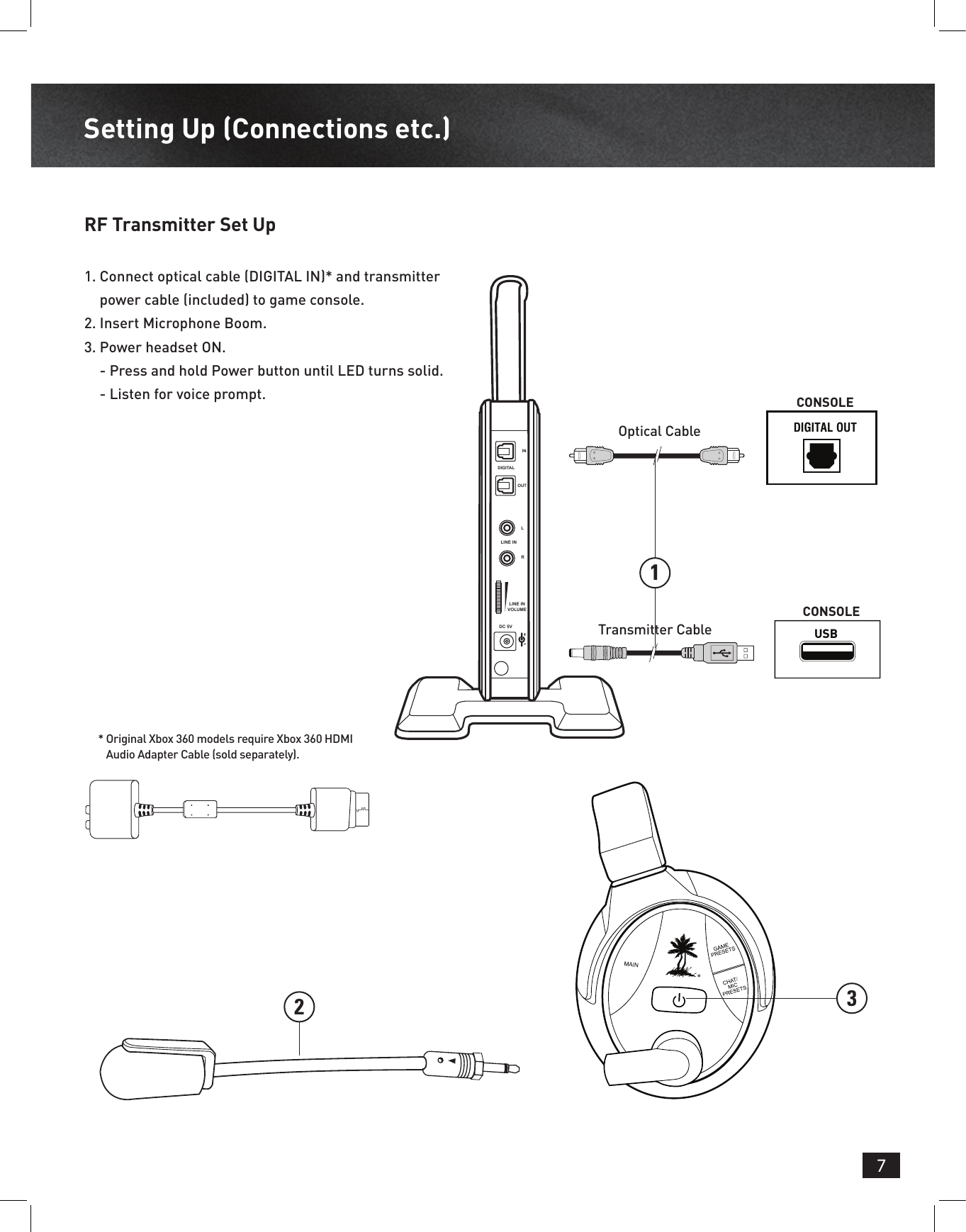 7Optical CableTransmitter Cable23CONSOLEDIGITAL OUTCONSOLEUSBDIGITALINOUTLLINE INLINE INVOLUMEDC 5VR1*  Original Xbox 360 models require Xbox 360 HDMI Audio Adapter Cable (sold separately).Setting Up (Connections etc.) RF Transmitter Set Up1.  Connect optical cable (DIGITAL IN)* and transmitter power cable (included) to game console.2.  Insert Microphone Boom.3.  Power headset ON. - Press and hold Power button until LED turns solid. - Listen for voice prompt.
