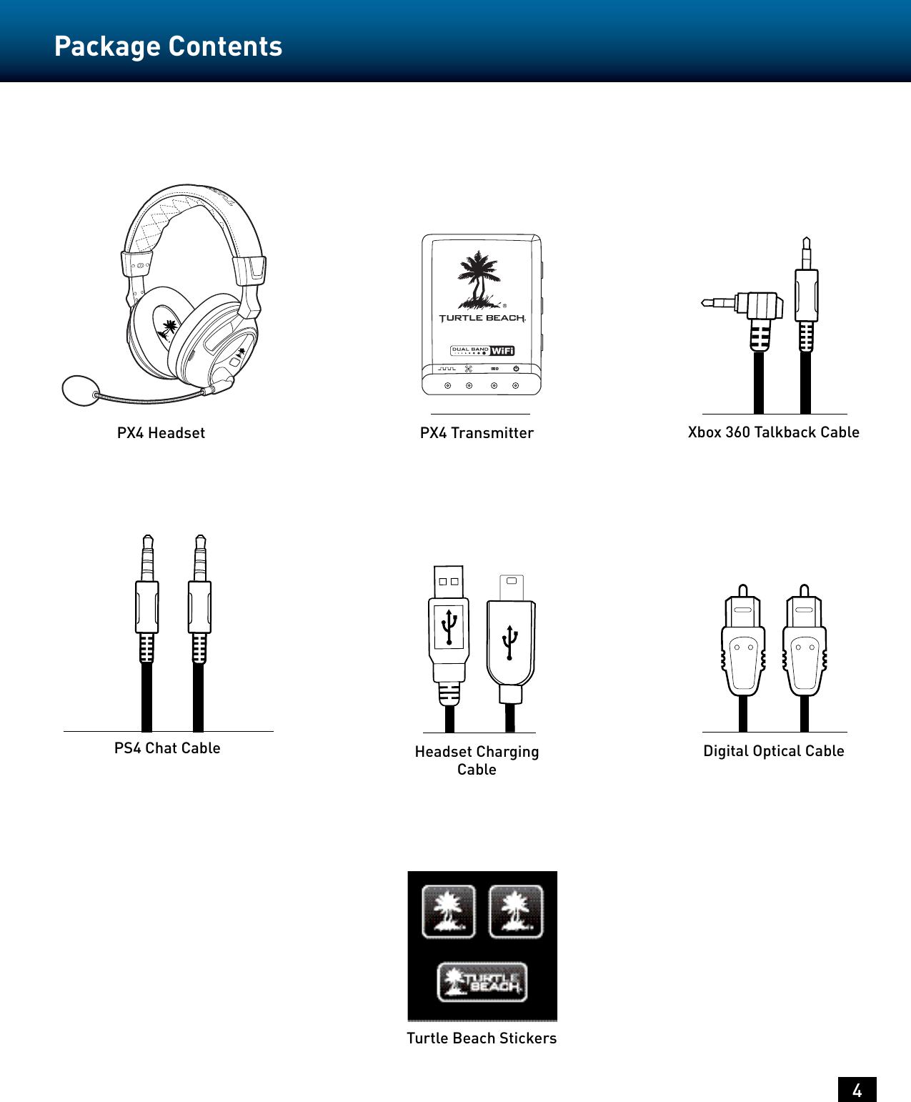 4Package ContentsXbox 360 Talkback CableDigital Optical CableHeadset Charging CablePX4 Headset PX4 TransmitterPS4 Chat Cable Turtle Beach Stickers