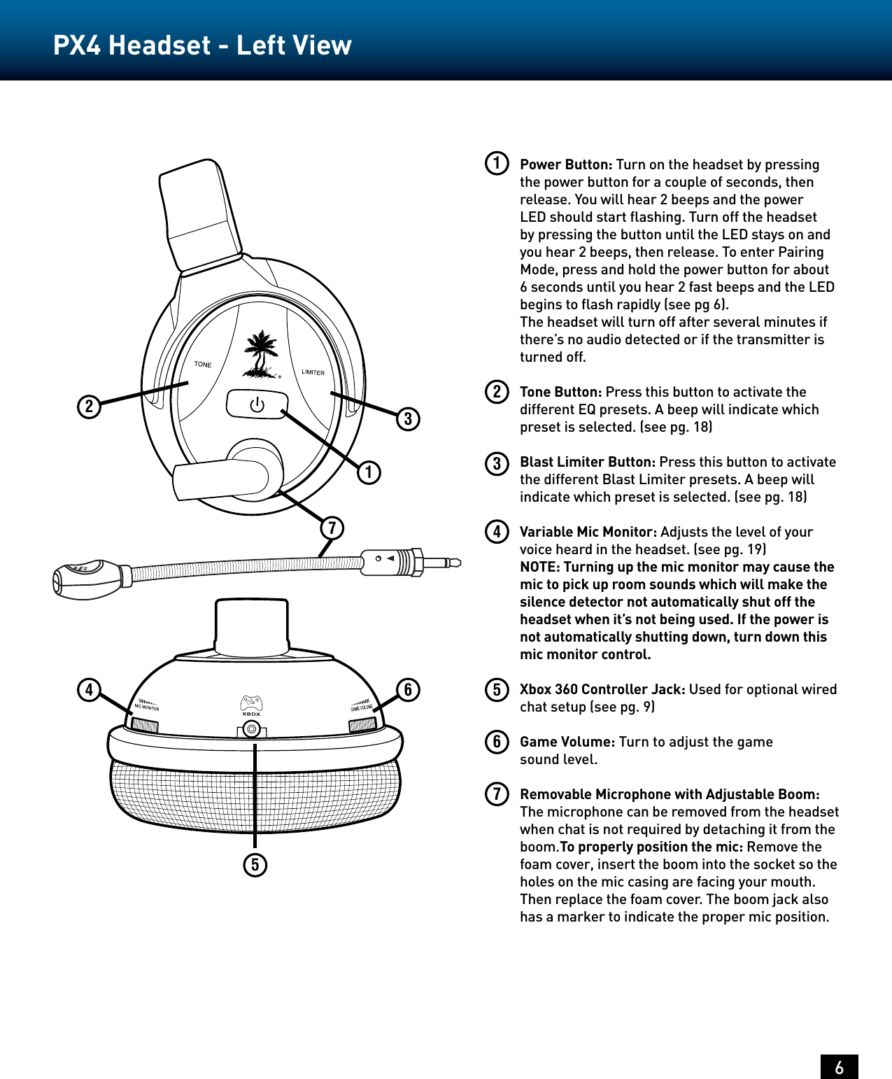 6PX4 Headset - Left ViewPower Button: Turn on the headset by pressing the power button for a couple of seconds, then release. You will hear 2 beeps and the power LED should start ﬂashing. Turn off the headset by pressing the button until the LED stays on and you hear 2 beeps, then release. To enter Pairing Mode, press and hold the power button for about 6 seconds until you hear 2 fast beeps and the LED begins to ﬂash rapidly (see pg 6).  The headset will turn off after several minutes if there’s no audio detected or if the transmitter is turned off. Tone Button: Press this button to activate the different EQ presets. A beep will indicate which preset is selected. (see pg. 18)Blast Limiter Button: Press this button to activate the different Blast Limiter presets. A beep will indicate which preset is selected. (see pg. 18) Variable Mic Monitor: Adjusts the level of your voice heard in the headset. (see pg. 19) NOTE: Turning up the mic monitor may cause the mic to pick up room sounds which will make the silence detector not automatically shut off the headset when it’s not being used. If the power is not automatically shutting down, turn down this mic monitor control. Xbox 360 Controller Jack: Used for optional wired chat setup (see pg. 9)Game Volume: Turn to adjust the game sound level. Removable Microphone with Adjustable Boom:  The microphone can be removed from the headset when chat is not required by detaching it from the boom.To properly position the mic: Remove the foam cover, insert the boom into the socket so the holes on the mic casing are facing your mouth. Then replace the foam cover. The boom jack also has a marker to indicate the proper mic position.12345671234567