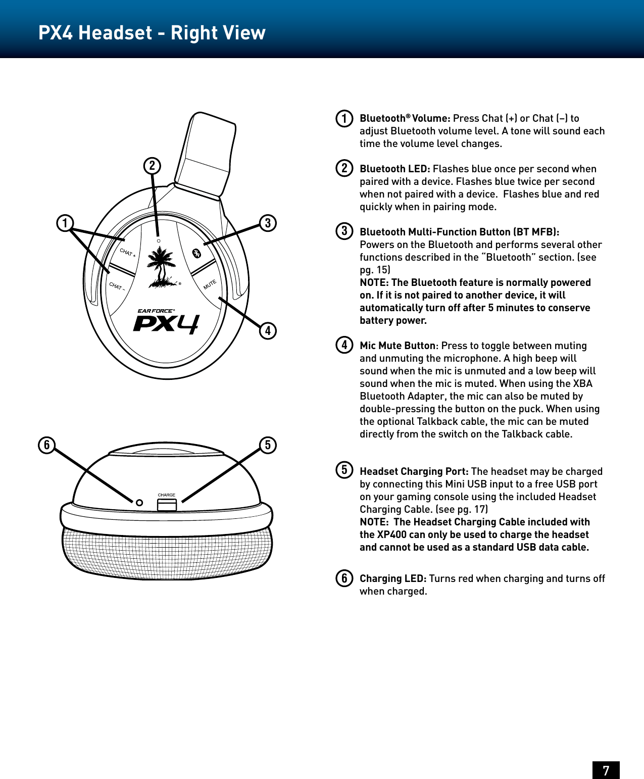 7PX4 Headset - Right View1234Bluetooth® Volume: Press Chat (+) or Chat (–) to adjust Bluetooth volume level. A tone will sound each time the volume level changes.Bluetooth LED: Flashes blue once per second when paired with a device. Flashes blue twice per second when not paired with a device.  Flashes blue and red quickly when in pairing mode.Bluetooth Multi-Function Button (BT MFB): Powers on the Bluetooth and performs several other functions described in the “Bluetooth” section. (see pg. 15)  NOTE: The Bluetooth feature is normally powered on. If it is not paired to another device, it will automatically turn off after 5 minutes to conserve battery power.  Mic Mute Button: Press to toggle between muting and unmuting the microphone. A high beep will sound when the mic is unmuted and a low beep will sound when the mic is muted. When using the XBA Bluetooth Adapter, the mic can also be muted by double-pressing the button on the puck. When using the optional Talkback cable, the mic can be muted directly from the switch on the Talkback cable.Headset Charging Port: The headset may be charged by connecting this Mini USB input to a free USB port on your gaming console using the included Headset Charging Cable. (see pg. 17) NOTE:  The Headset Charging Cable included with the XP400 can only be used to charge the headset and cannot be used as a standard USB data cable.  Charging LED: Turns red when charging and turns off  when charged.12345566