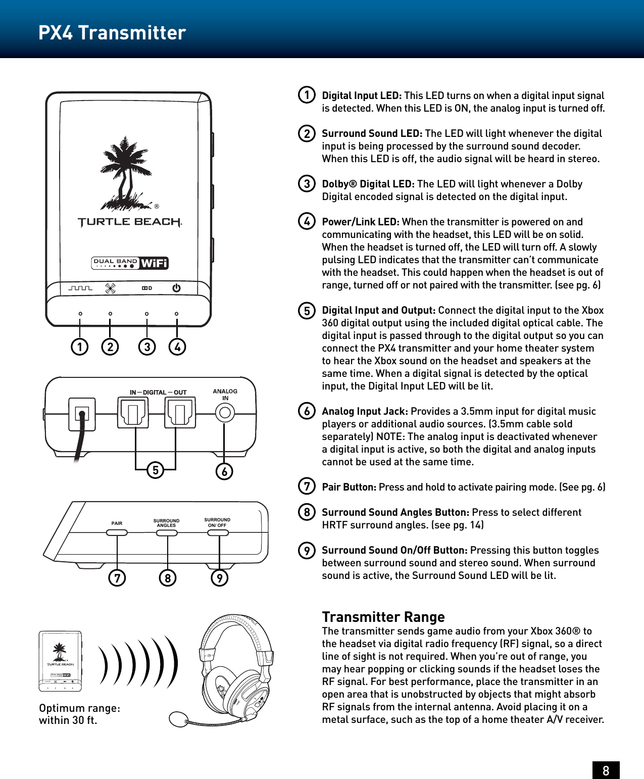 8PX4 Transmitter123467Digital Input LED: This LED turns on when a digital input signal is detected. When this LED is ON, the analog input is turned off.Surround Sound LED: The LED will light whenever the digital input is being processed by the surround sound decoder. When this LED is off, the audio signal will be heard in stereo.Dolby® Digital LED: The LED will light whenever a Dolby Digital encoded signal is detected on the digital input.Power/Link LED: When the transmitter is powered on and communicating with the headset, this LED will be on solid. When the headset is turned off, the LED will turn off. A slowly pulsing LED indicates that the transmitter can’t communicate with the headset. This could happen when the headset is out of range, turned off or not paired with the transmitter. (see pg. 6)Digital Input and Output: Connect the digital input to the Xbox 360 digital output using the included digital optical cable. The digital input is passed through to the digital output so you can connect the PX4 transmitter and your home theater system to hear the Xbox sound on the headset and speakers at the same time. When a digital signal is detected by the optical input, the Digital Input LED will be lit.Analog Input Jack: Provides a 3.5mm input for digital music players or additional audio sources. (3.5mm cable sold separately) NOTE: The analog input is deactivated whenever a digital input is active, so both the digital and analog inputs cannot be used at the same time.Pair Button: Press and hold to activate pairing mode. (See pg. 6)Surround Sound Angles Button: Press to select different HRTF surround angles. (see pg. 14)Surround Sound On/Off Button: Pressing this button toggles between surround sound and stereo sound. When surround sound is active, the Surround Sound LED will be lit.Transmitter RangeThe transmitter sends game audio from your Xbox 360® to the headset via digital radio frequency (RF) signal, so a direct line of sight is not required. When you’re out of range, you may hear popping or clicking sounds if the headset loses the RF signal. For best performance, place the transmitter in an open area that is unobstructed by objects that might absorb RF signals from the internal antenna. Avoid placing it on a metal surface, such as the top of a home theater A/V receiver.89SURROUND ANGLESSURROUND     ON/ OFFPAIR7 8 951 2 3 456Optimum range: within 30 ft.