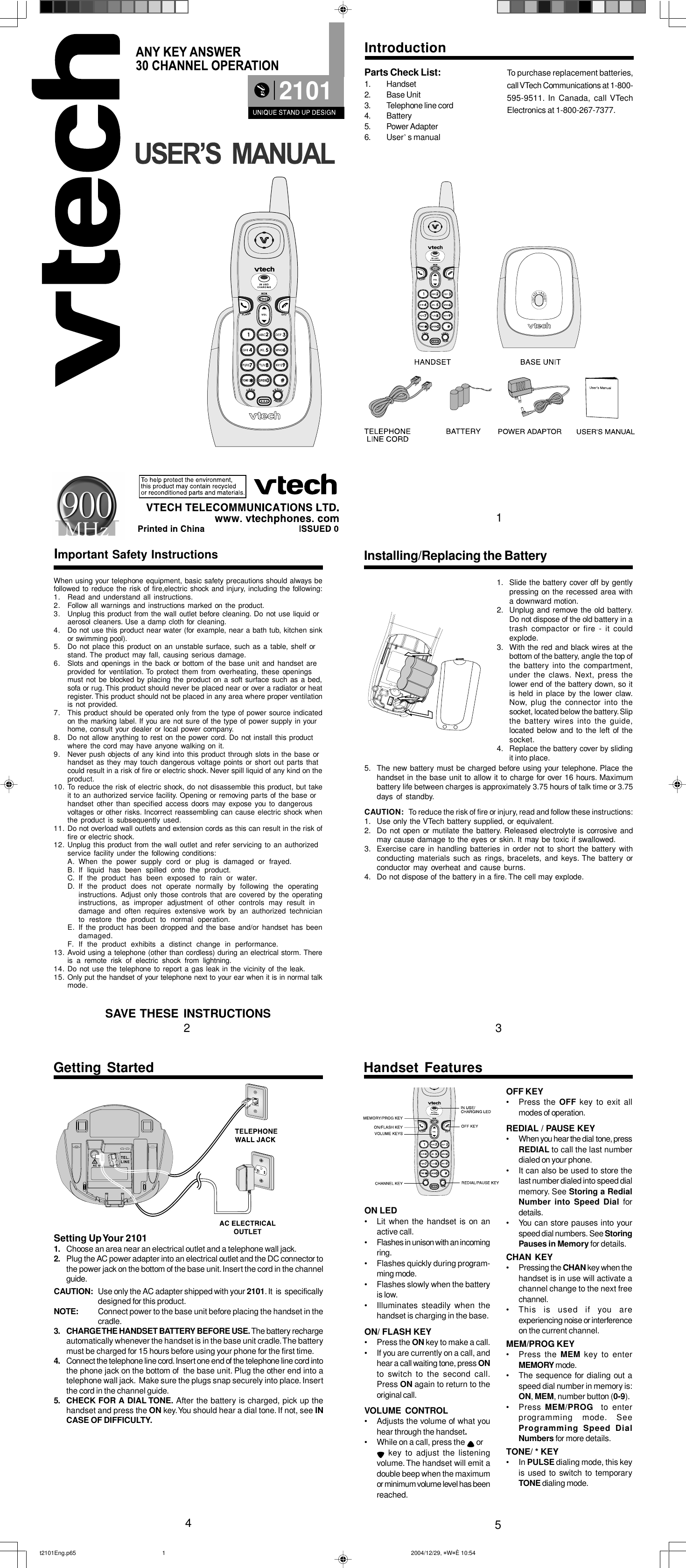 Page 1 of 4 - Vtech Vtech-2101-Users-Manual- T2101Eng.p65 Vtech-2101-users-manual